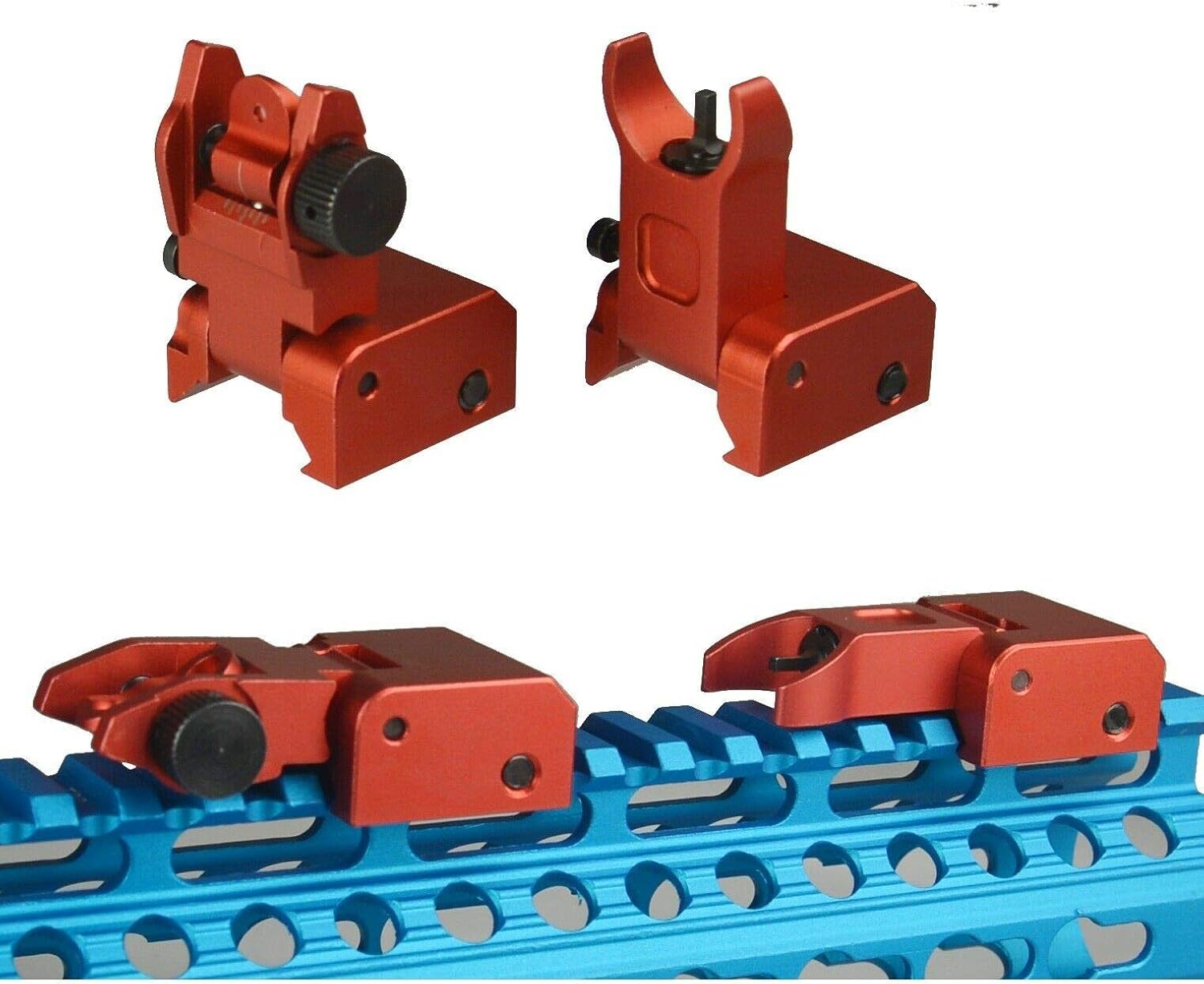 DB TAC INC Aluminum Red Color BUIS Iron Sights Front and Rear Flip Up for Picatinny/Weaver Pack of 2
