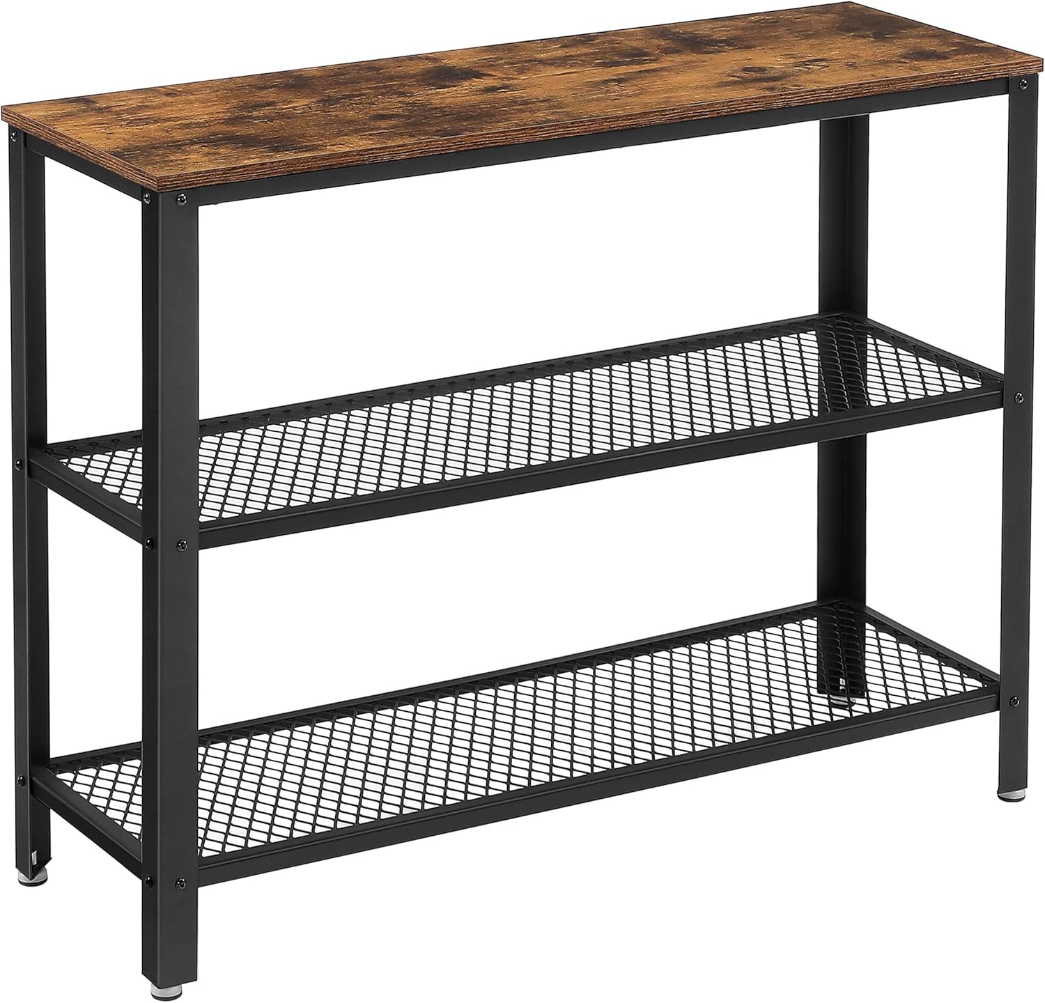 VASAGLE Industrial Console Table, Hallway Table with 2 Mesh Shelves, Side Table and Sideboard, Living Room, Corridor, 40 x 13.8 x 31.5 Inches, Narrow, Steel, Rustic Brown and Black ULNT81BX