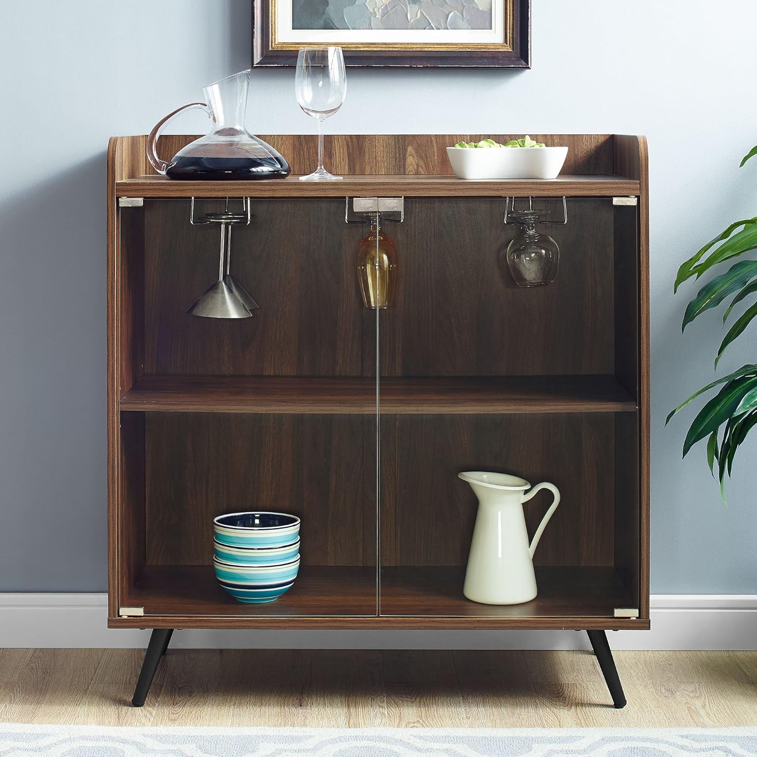 Walker Edison Modern 4 Drawer Sliding Door Wood Cabinet Buffet Entryway Serving Storage Cabinet Doors Dining Room Console, 59 Inch, Black and Dark Walnut