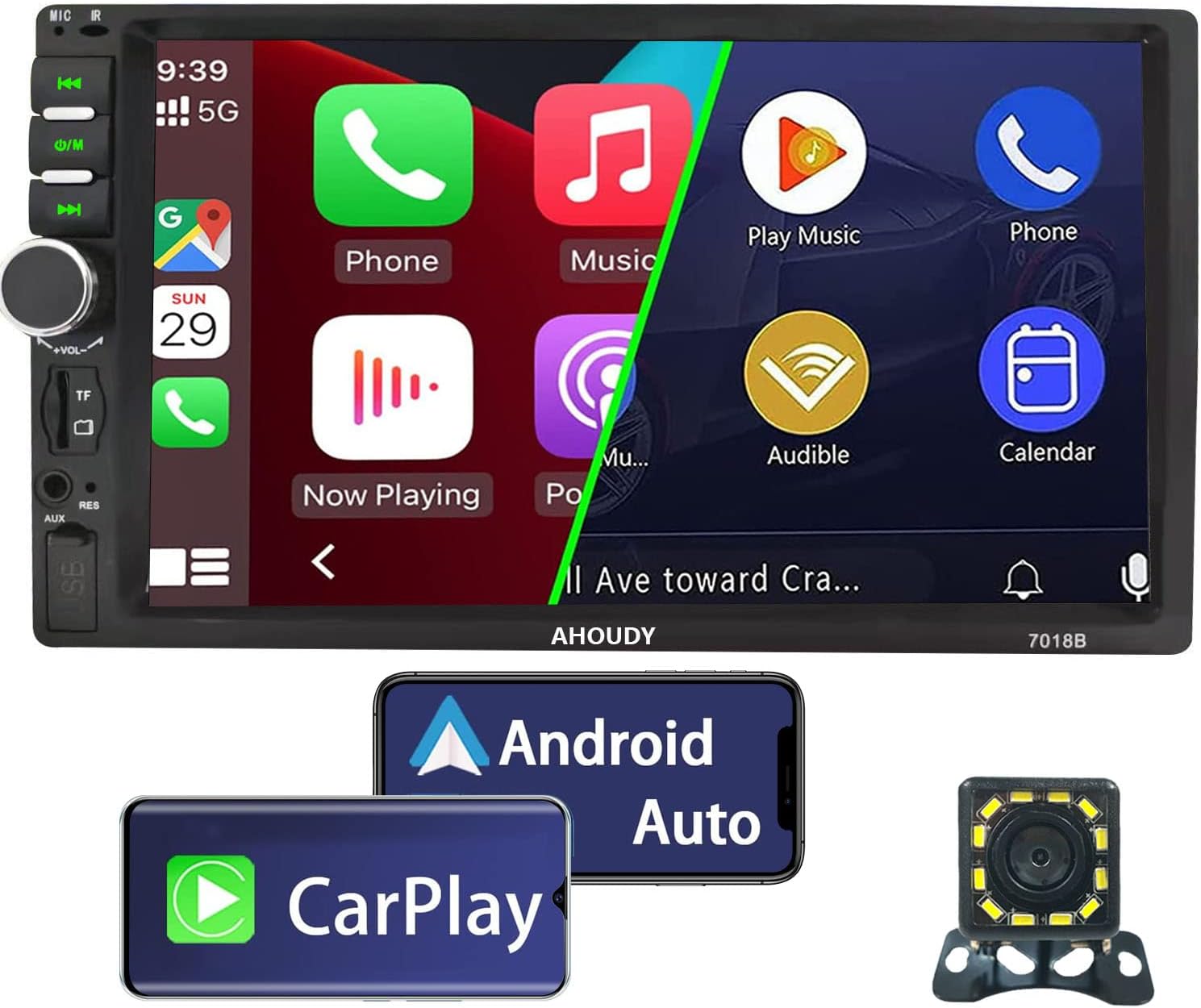 AHOUDY Car Stereo with CarPlay and Android Auto, Double Din FM/AM Car Radio with Bluetooth, Backup Camera, Mirror Link