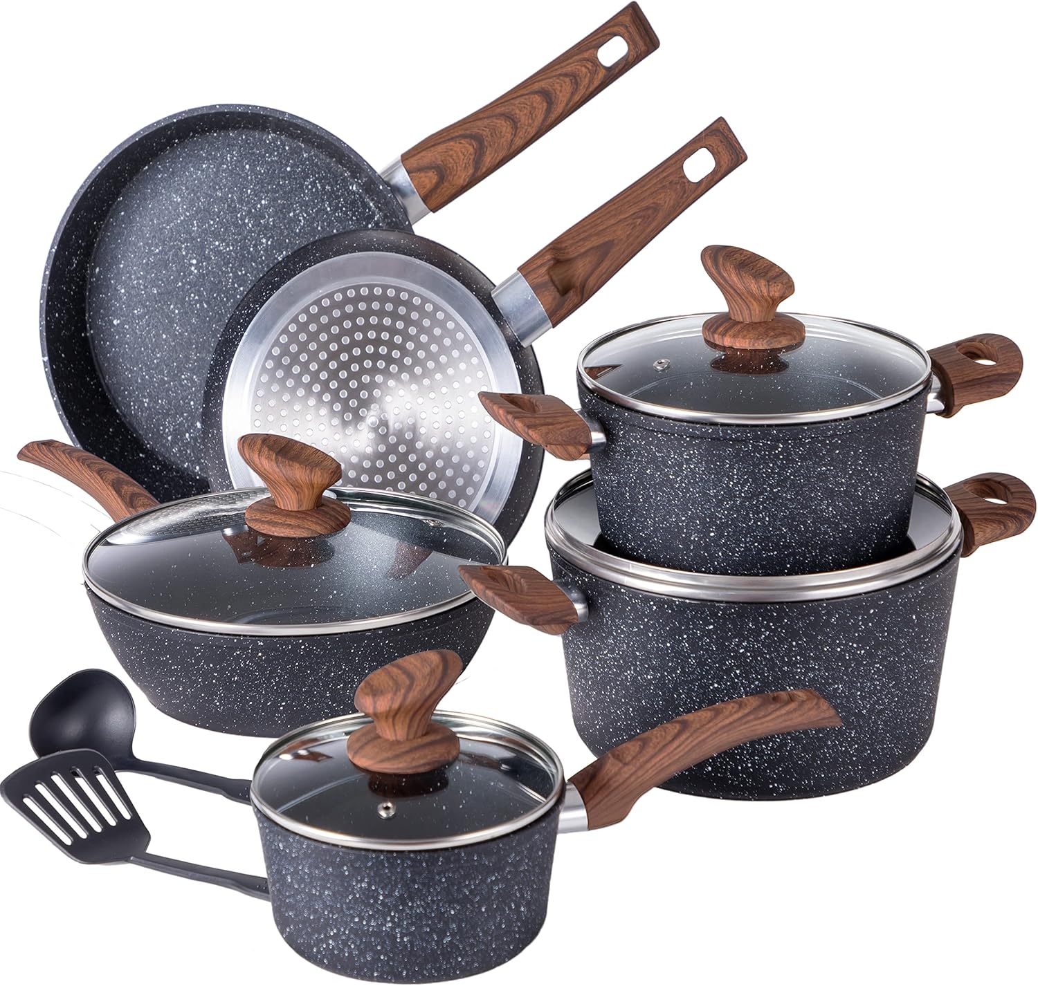 Induction Kitchen Cookware Sets - 12 Piece Cooking Pan Nonstick Set, Granite Black Pots and Pans Set