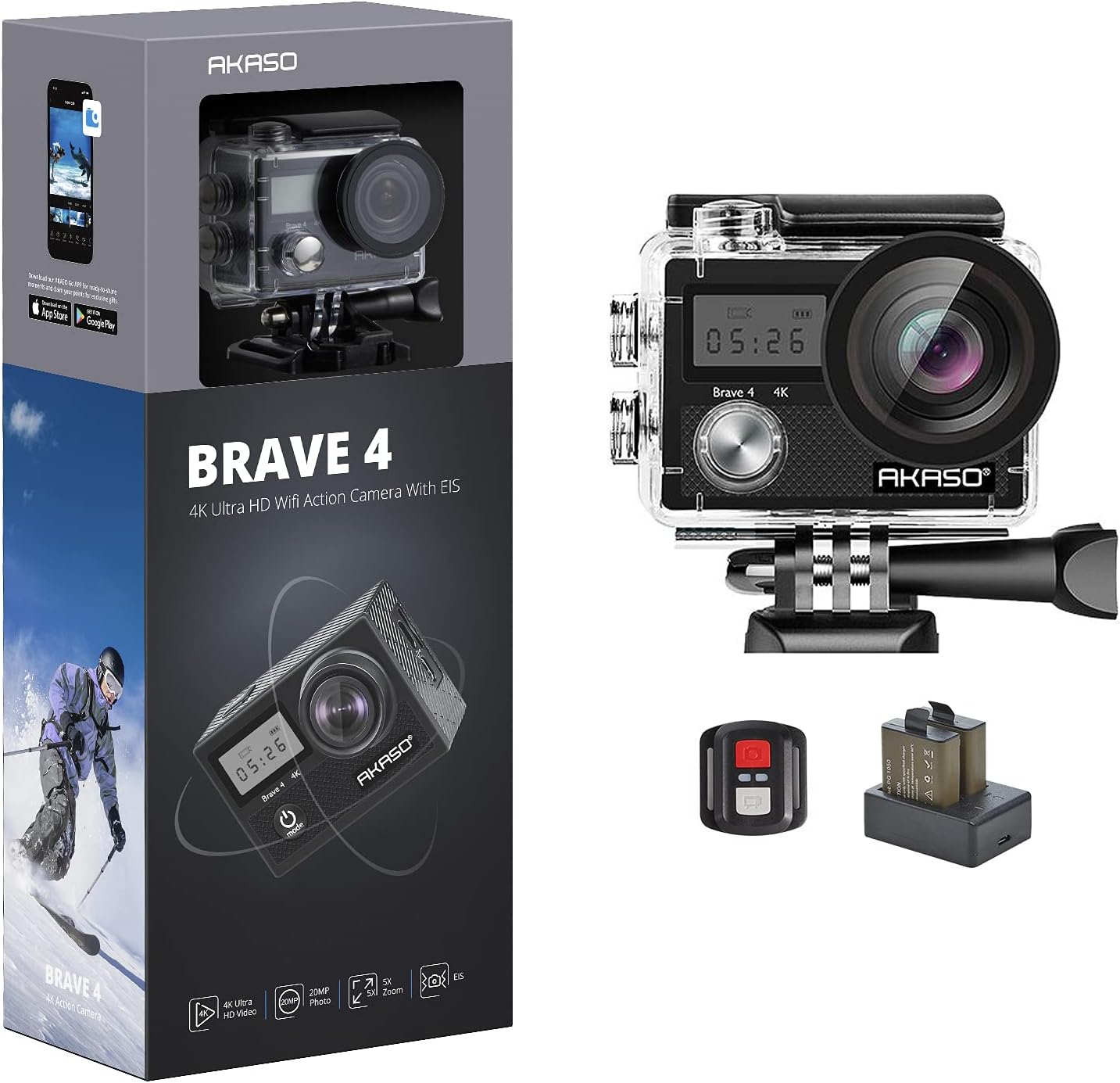 AKASO Brave 4 4K 20MP WiFi Action Camera Ultra HD with EIS 30m Underwater Waterproof Camera Remote Control 5X Zoom Underwater Camcorder with 2 Batteries and Helmet Accessories Kit