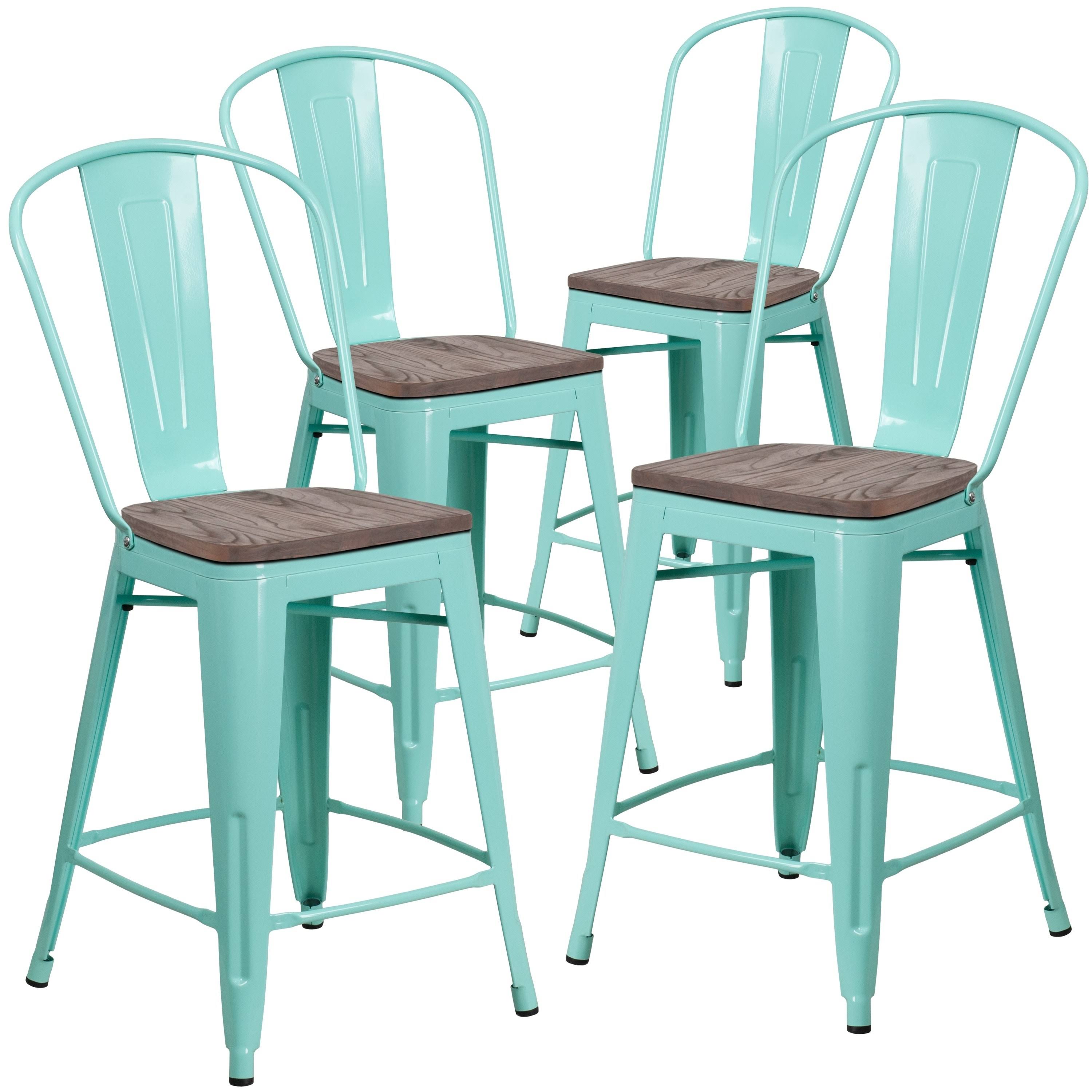 Lancaster Home 4 Pk. 24 inch High Metal Counter Height Stool with Back and Wood SEAT, Green