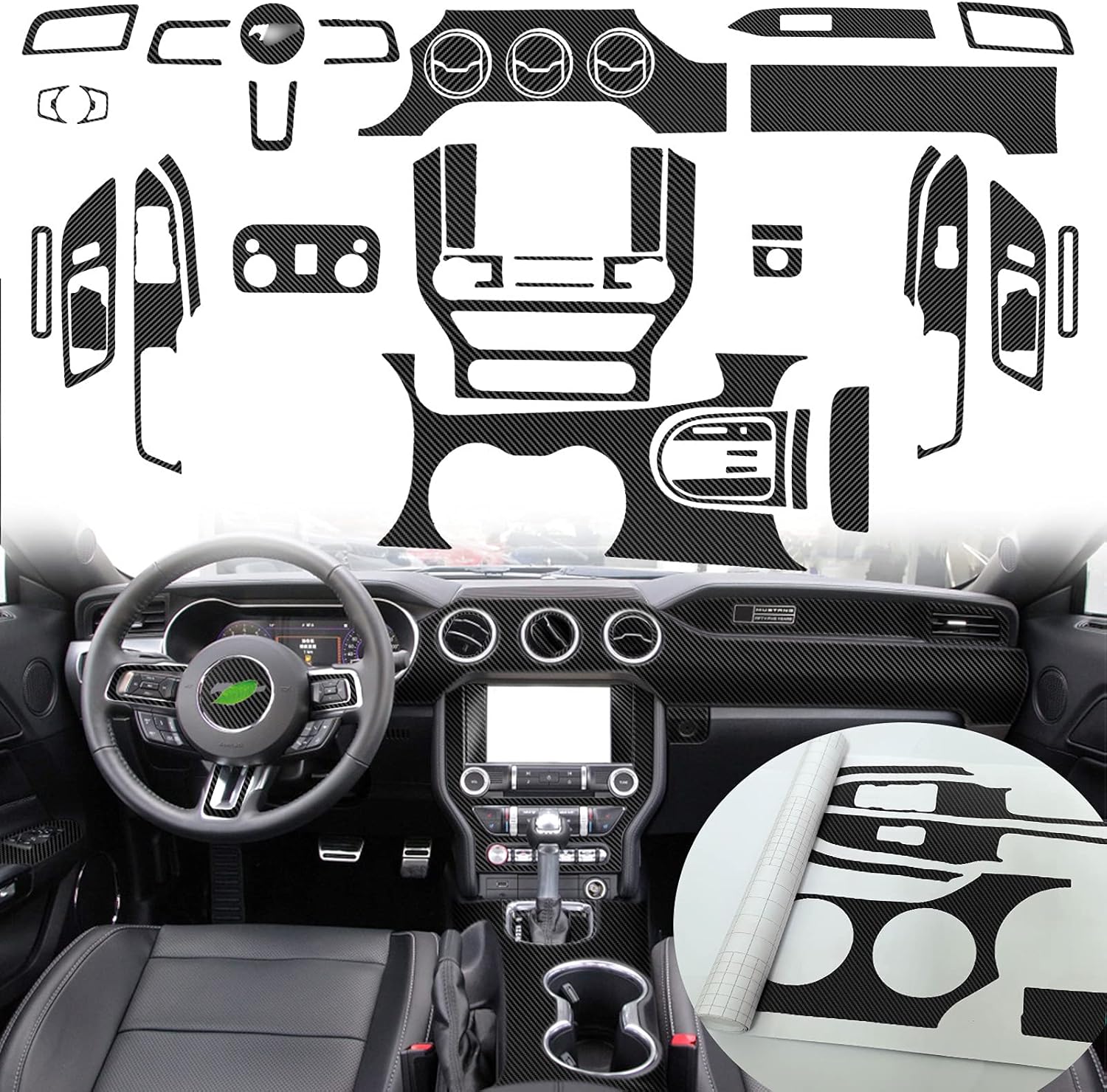 MICOOS Compatible with Carbon Fiber Texture Vinyl Wrap Center Console Dashboard Cover Interior Protective Decoration Accessories Sticker for Mustang 2020 2019 2018 2017 2016 48PCS Black