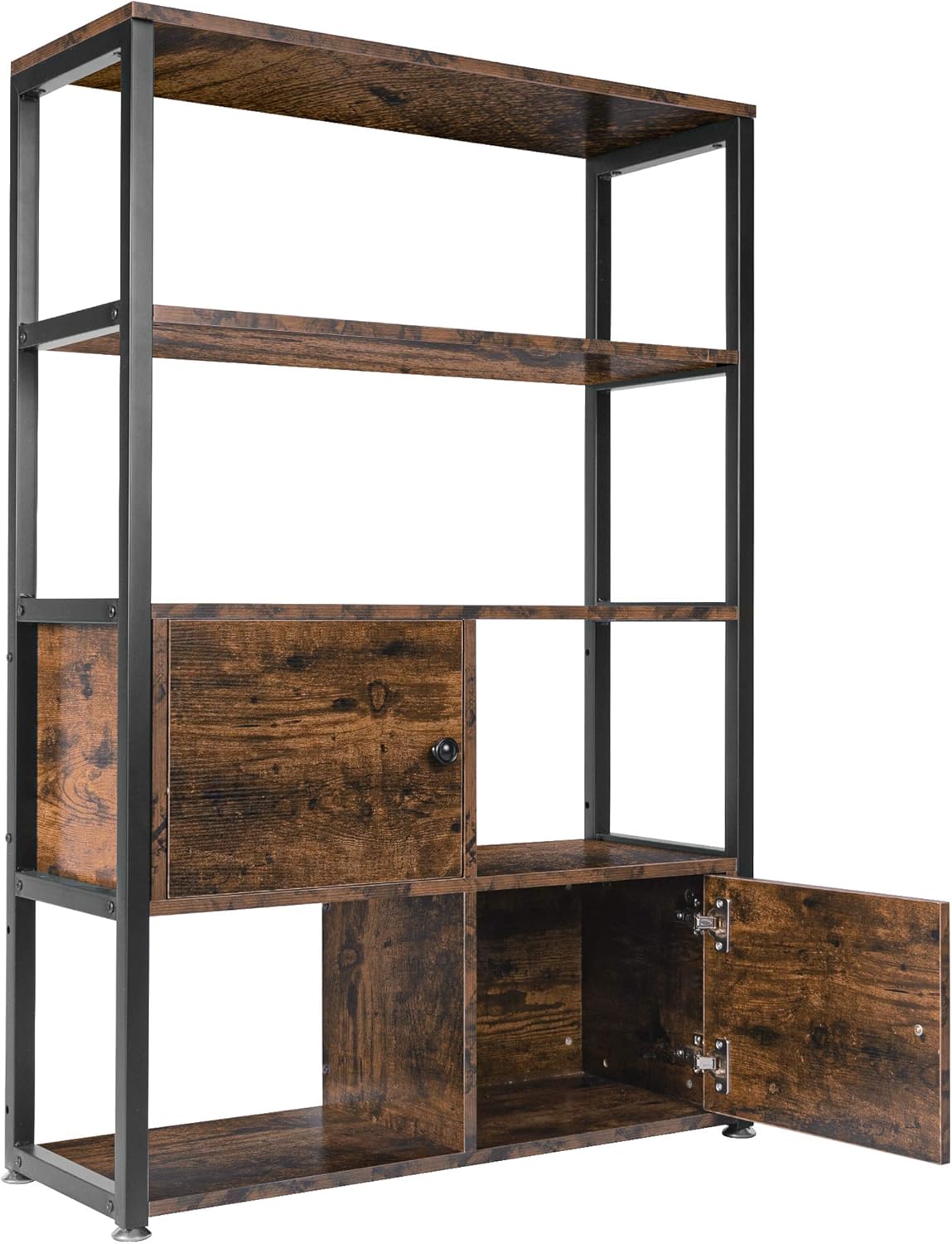 Becko US Rustic Storage Cabinet Storage Rack with Shelves Bookcase Bookshelf with 2 Cabinets Industrial Book Shelf with Doors for Home and Office (Rustic Brown)