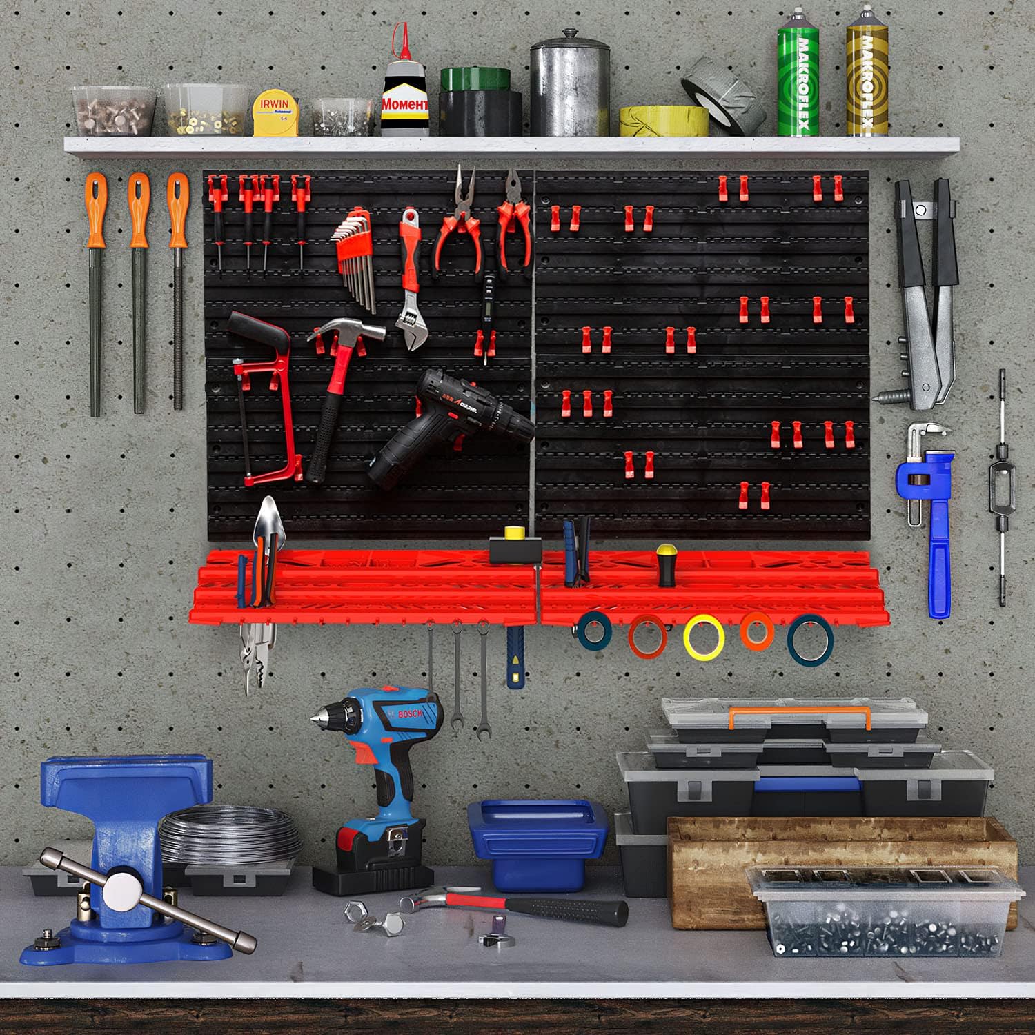 54 Piece Wall Mounted Plastic Pegboard and Shelf Tool Organizer - DIY Garage Storage Wall Mount System with Rack and Assorted Hook Accessories Pack of 2