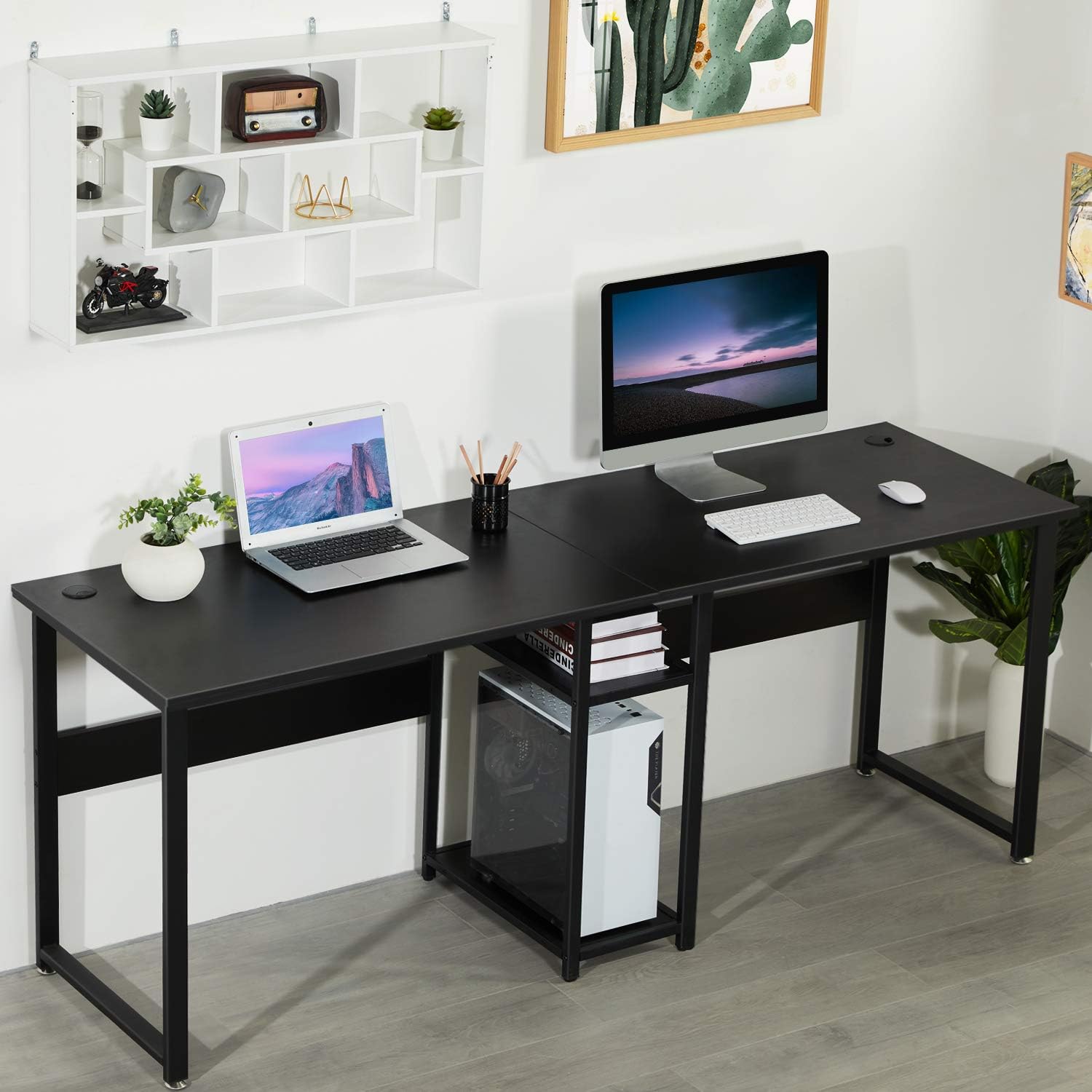 Sedeta Two Person Desk, Double Workstation Desk, 78 inches Computer Desk with Storage, Extra Large Home Office Desk, Multifunction Writing Desk with Shelf, Black