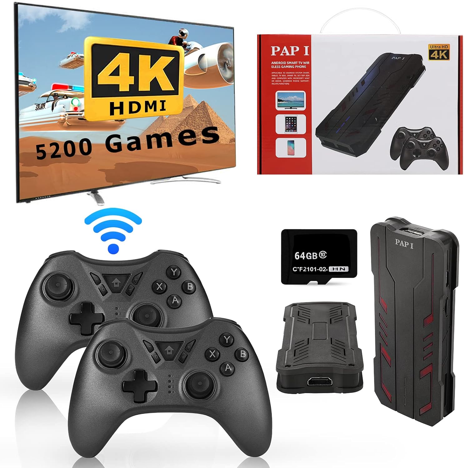 Yilirous Wireless 4k/HDMI High-Definition Game Console,Built-in 5200 Games Plug and Play Video Game Stick,Supports 9 emulators, 64G Pack of 2