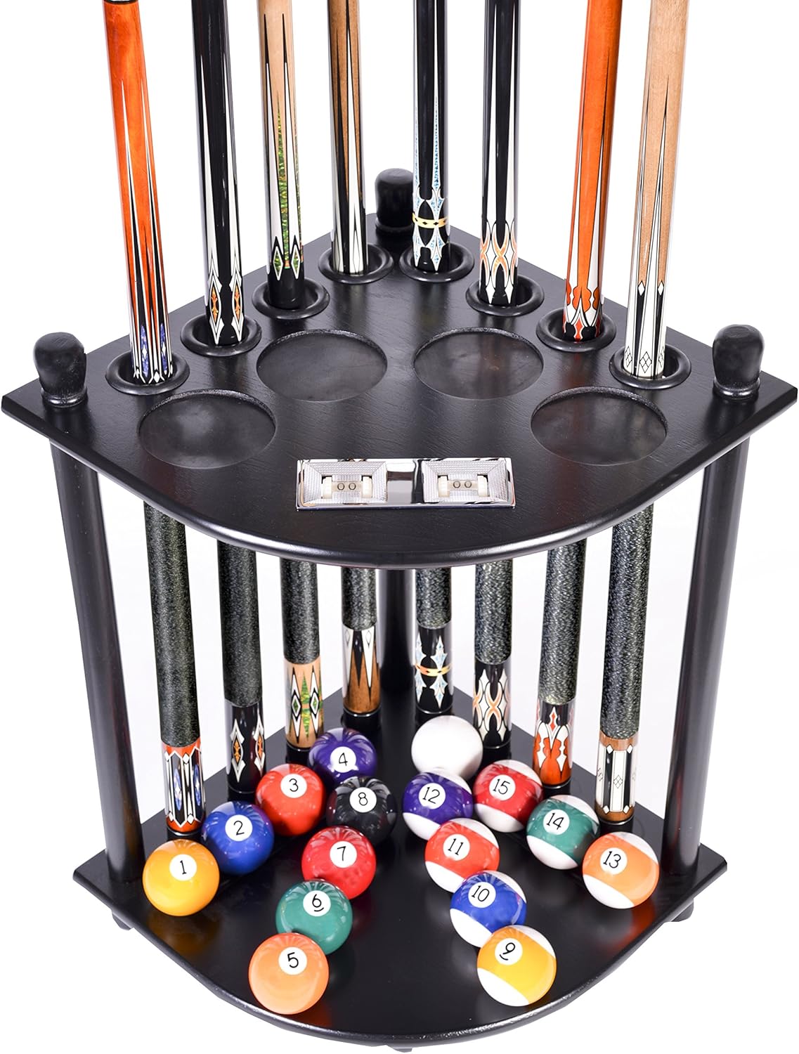 ISZY Billiards Pool Stick Holder - Cue Rack Only - Wood Stand Holds 8 Billiard Sticks, a Full Set of Balls & Includes 4 Score Counters - Pool Accessories Pack of 2