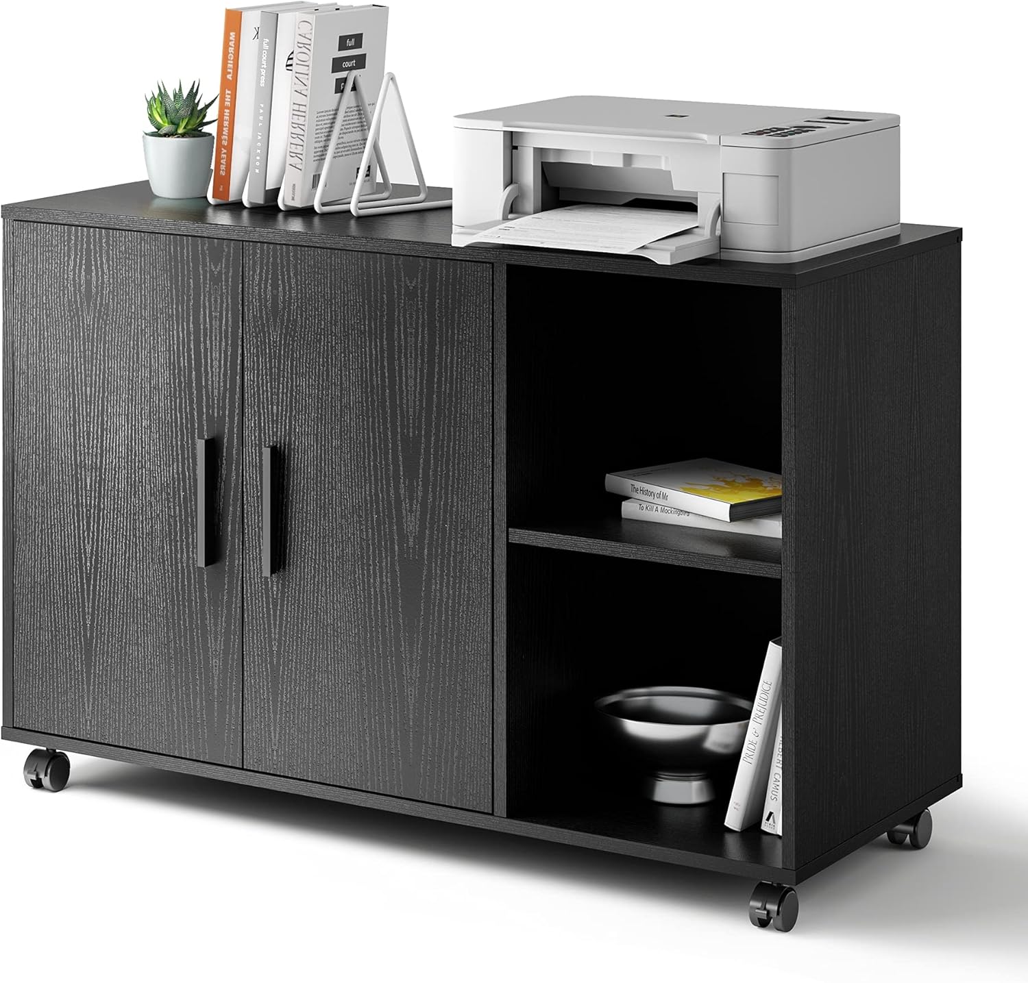 DEVAISE Rolling File Cabinet, Wood Storage Cabinet with Dual Doors, Large Printer Stand on Lockable Wheels for Home Office, Black