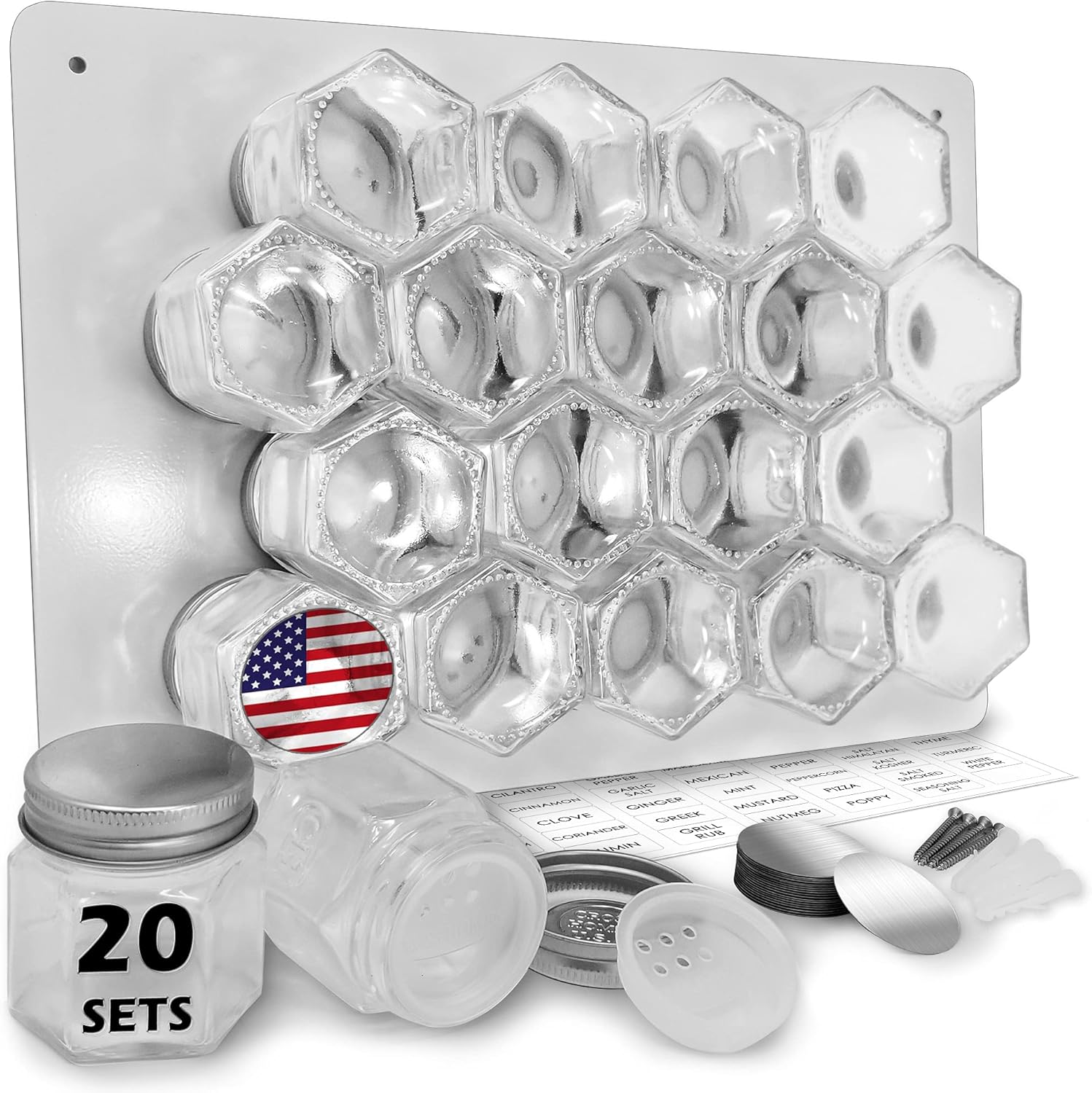 Magnetic Spice Jars Empty Small Hexagon Glass Spice Jars 20 Sets with Magnetic Lids, Shaker, Magnetic Board, Spice Labels DIY Spice Tins Magnetic Spice Rack for Refrigerator Fridge Cabinet Wall mount