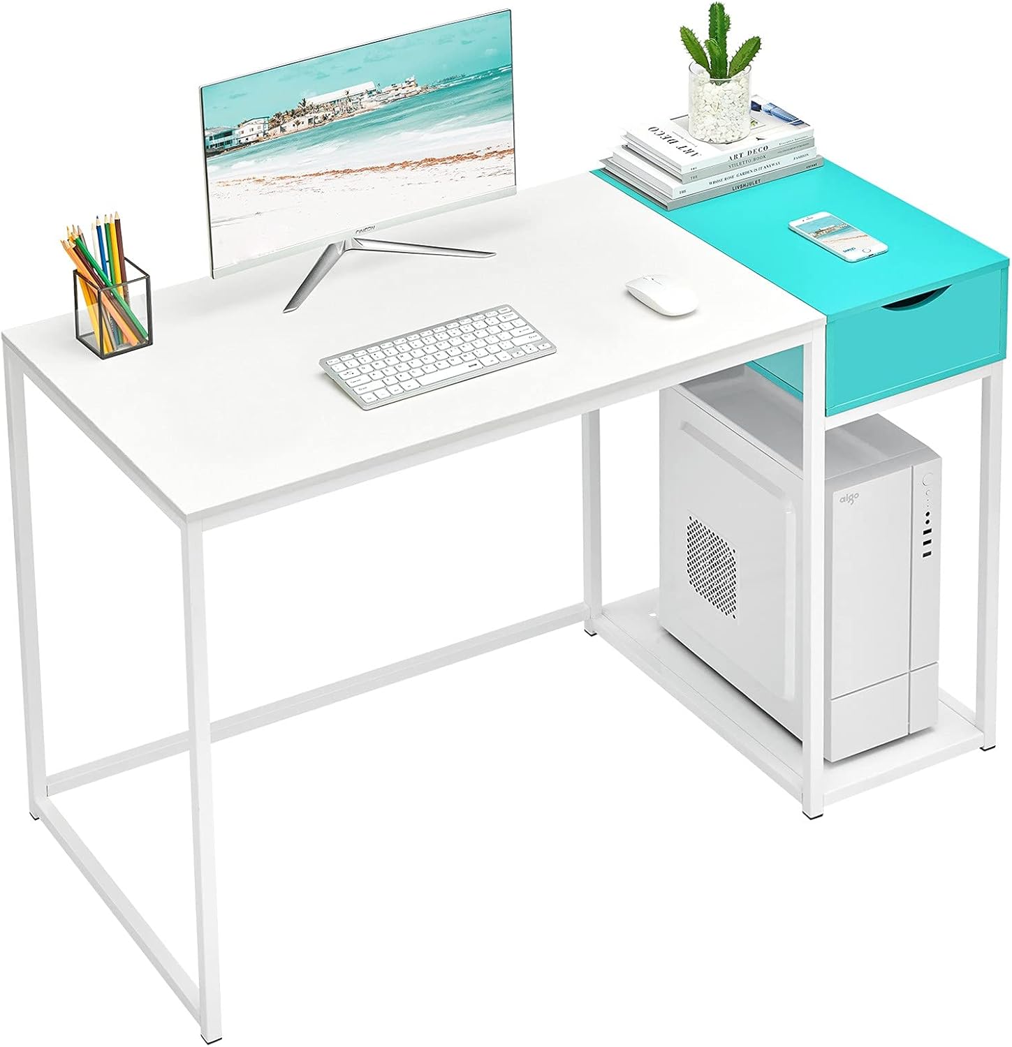 MASACORO Computer Desk with Drawers 40 inch Home Office Writing Study Desk Storage Shelves, Modern Simple Style Laptop Table with Secret Organizer, White & Turquoise Pack of 2