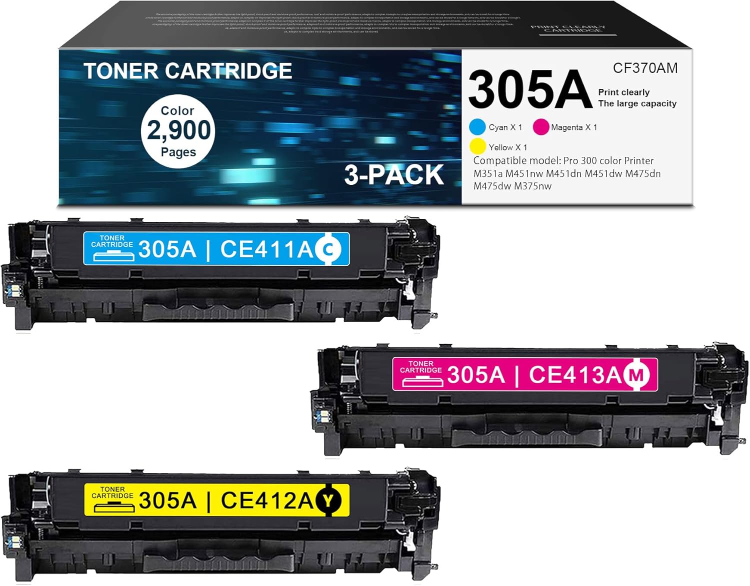 3 Pack 305A | CF370AM(C/M/Y) Toner Cartridge Compatible for HP M475dn M351a M451dn M451nw M475dw M375nw M451dw Printer Toner-Sold by DIOUSAINK.