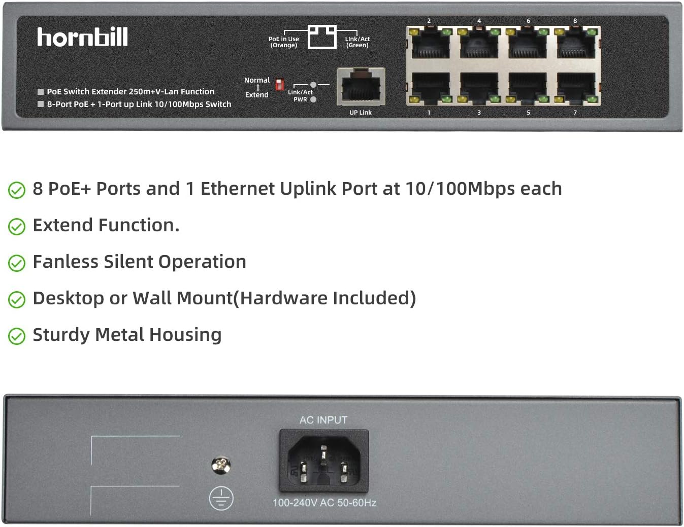 hornbill 9-PoE+ Ports Switch, 8-PoE Ports+1-Ethernet Uplink Port Network Switch, Portable Ethernet Network PoE Switches | IEEE 802.3af/at Standard | Up to 30W per Port | Plug & Play | Fanless Design Pack of 2