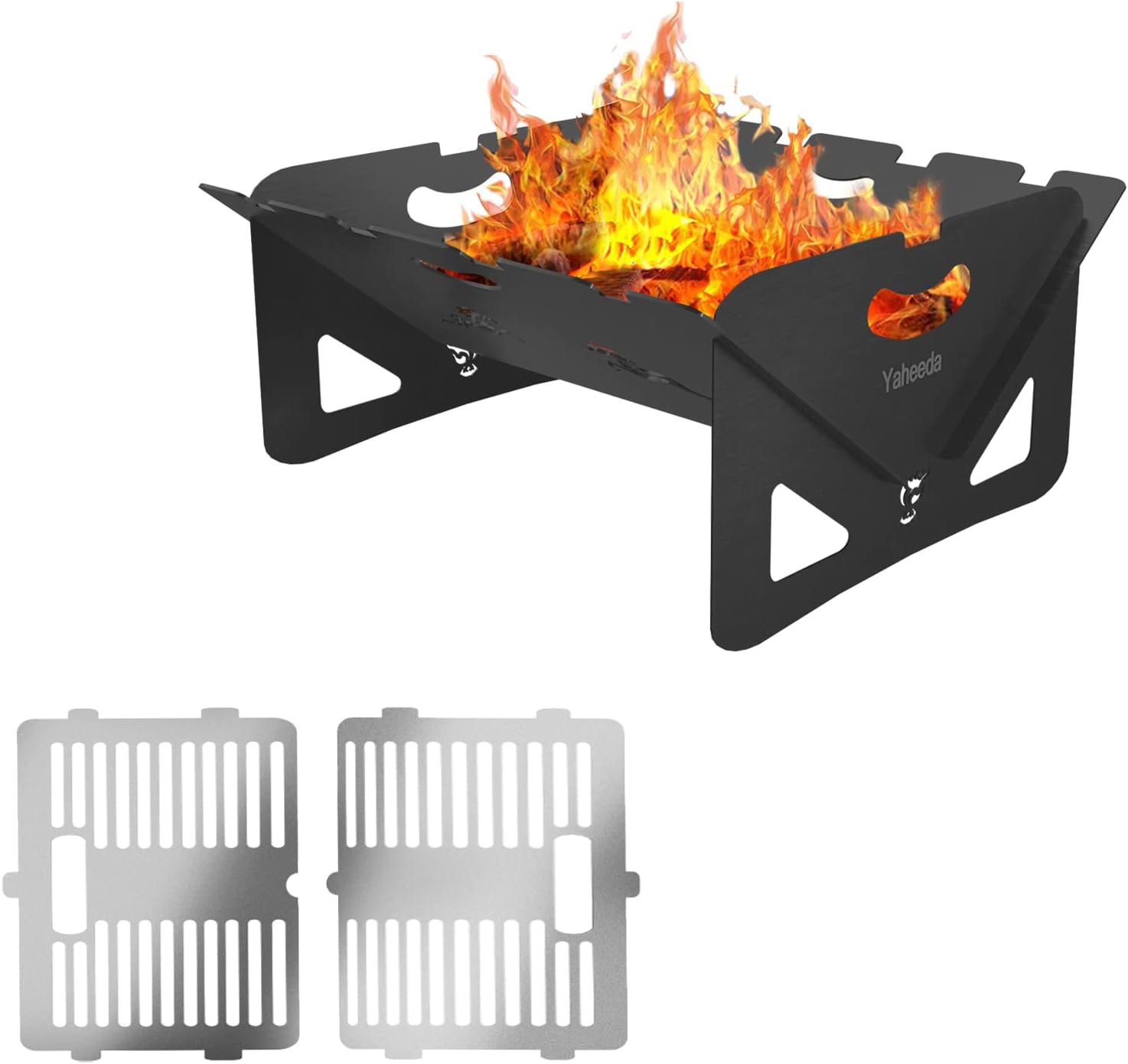 Yaheeda 25 Inch Portable Plug Carbon Steel Fire Pit,3 in 1 Detachable BBQ Patio Garden Stove with Stainless Steel Grill for Picnic,Wood Burning,Outdoor Camping,Bonfire,Beach,Drink Cooling