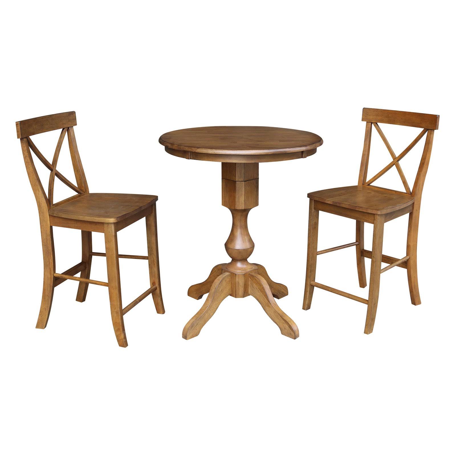 36 inch Round Counter Height Table with 2 X-Back Stools - Pecan- 3 Piece Set