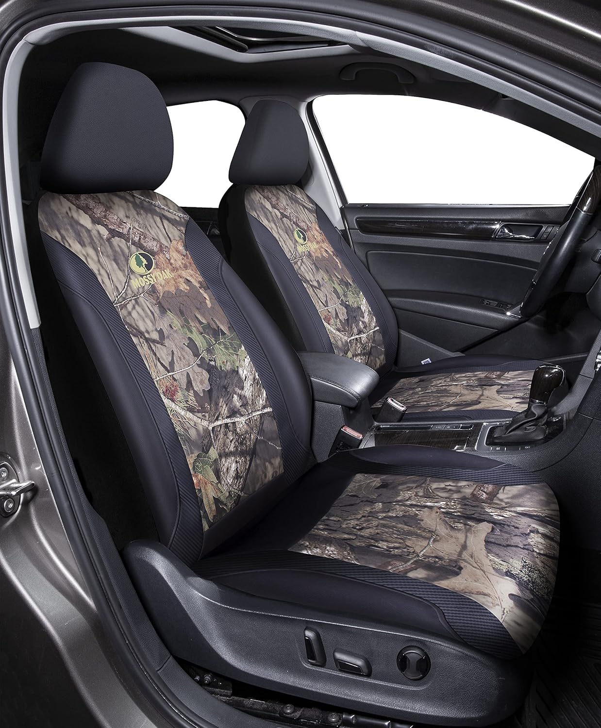 Mossy Oak Front Camo Seat Covers Low Back - Made with Premium Carbon Squares PVC & Camo Canvas Fabric, Airbag Compatible, Universial Fit Most Bucket Seats - Official Licensed Product