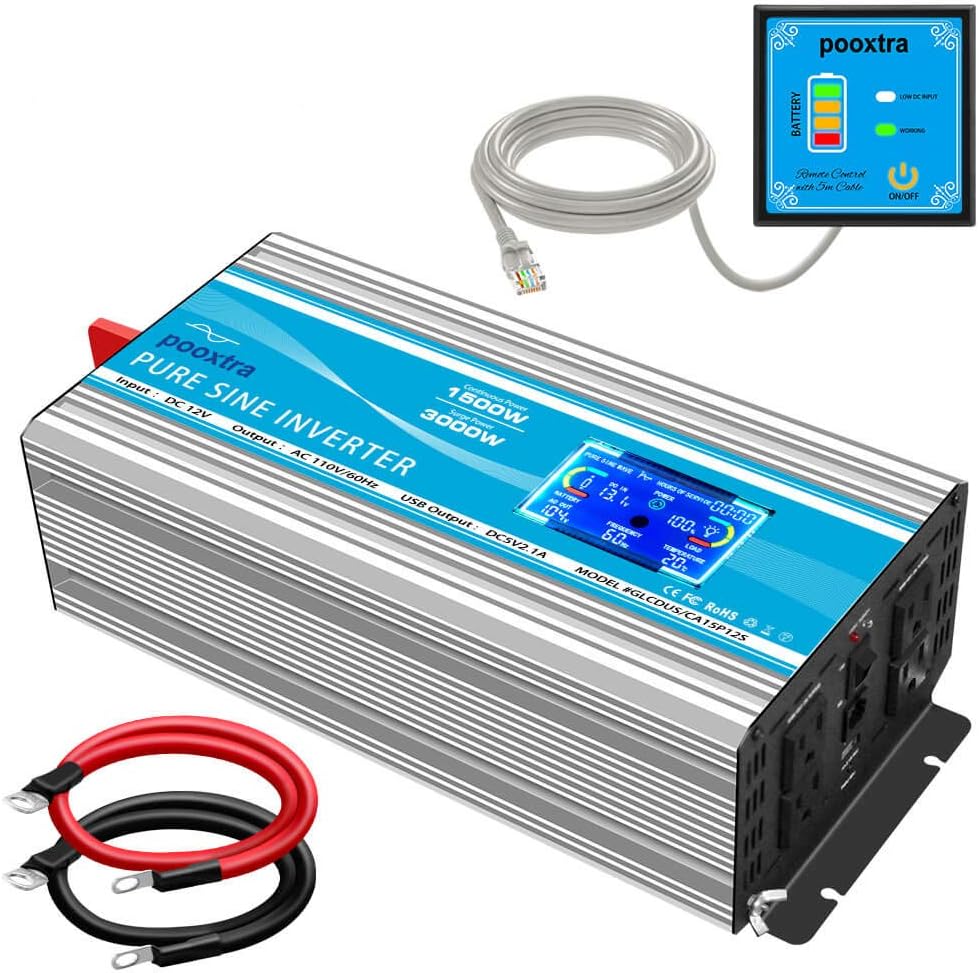 pooxtra 1500 Watt Pure Sine Wave Inverter 12V DC to 110V/120V AC Power Converter with LCD Display & USB Port +4AC Outlets Car Power for Home RV Car Emergency to Use(3000 Power Peak)