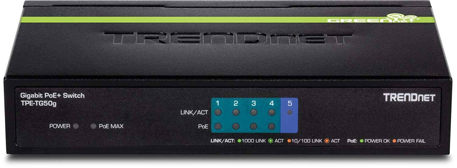 TRENDnet 5-Port Gigabit PoE+ Switch, 31 W PoE Budget, 10 Gbps Switching Capacity, Plug u0026 Play, TPE-TG50g