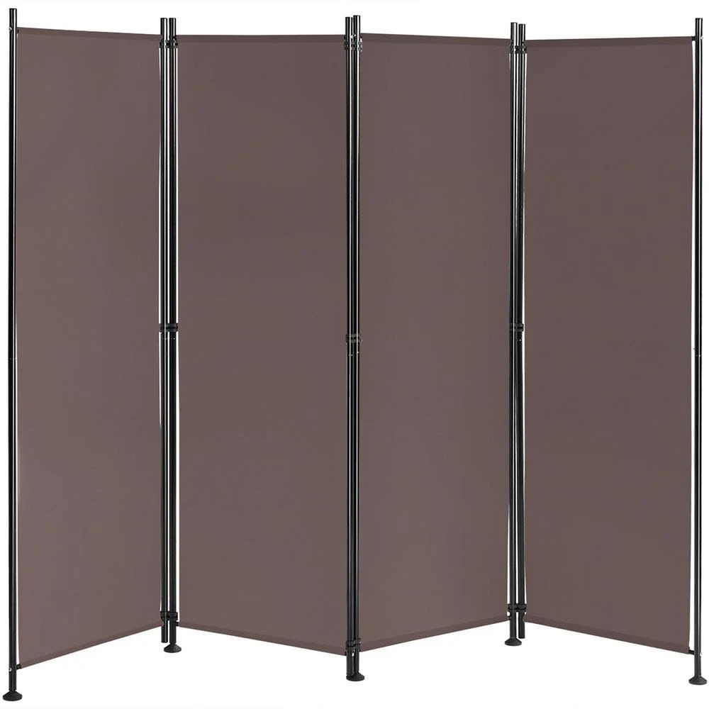Costway 4-Panel Room Divider Folding Privacy Screen w/Steel Frame Decoration Brown in Black