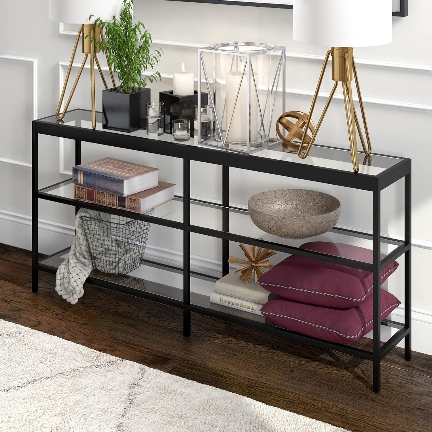Henn&Hart Modern Console Table with Glass Top, Blackened Bronze, 36
