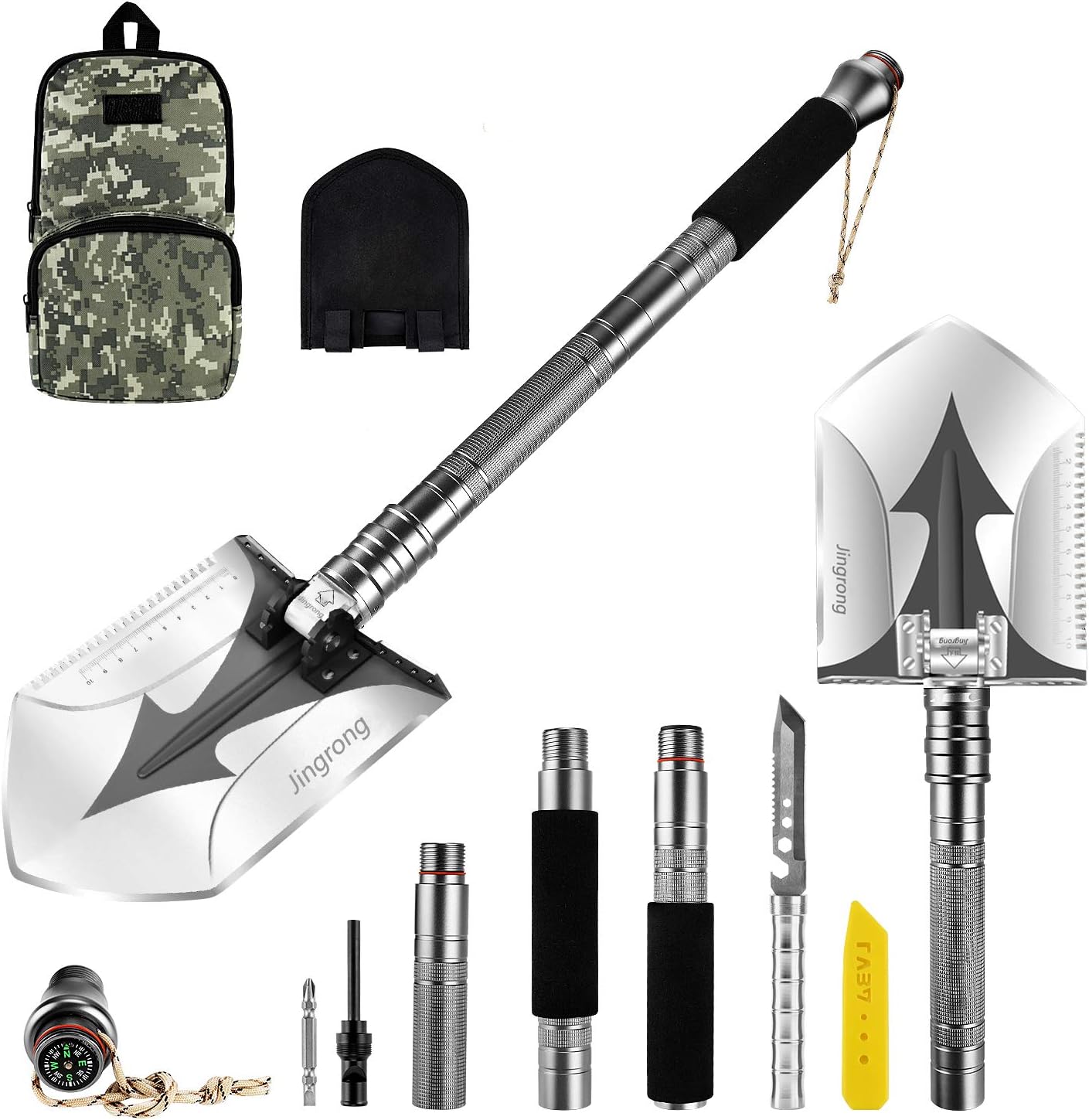 Jingrong Military Portable Shovel , 24-38 Inch Multi-Function Folding Shovel Survival Entrenching Tool with Saw, Camping, Backpacking, Gardening, and Snow-Removing