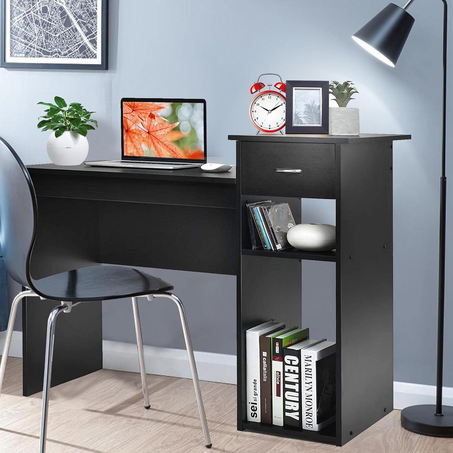 Compact Office Home Computer Desk: 43-inches Study Writing Learning Desk with Drawers & Shelves for Small Space Furniture| Laptop Table| Workstation for Living Room Bedroom|Modern Simple (White)