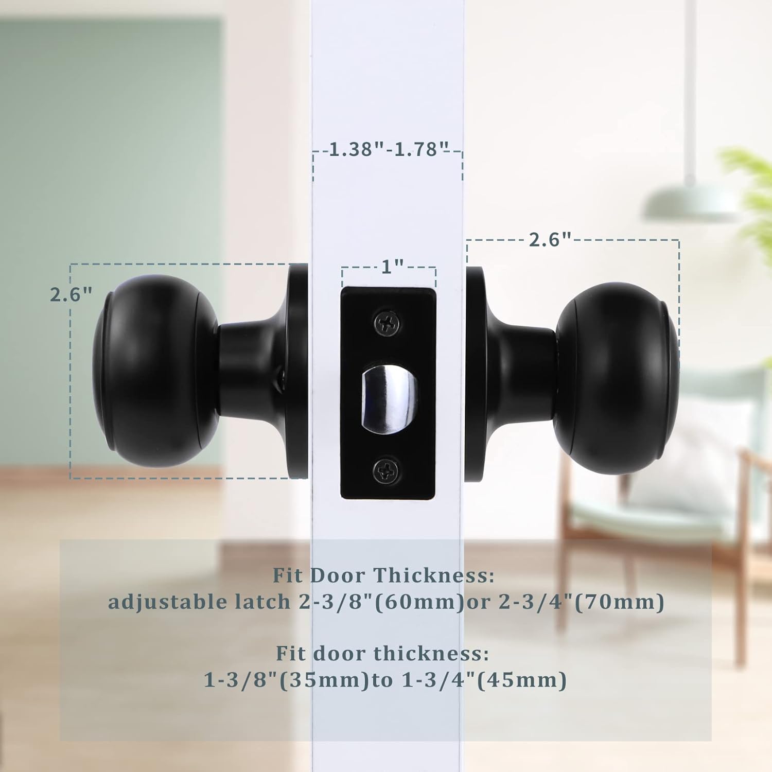 Passage Door Knobs Hall Closet, Interior Door Lock Handle Set Without Key, Keyless Door Knobs levers Black for Hall and Closet. Round Style Door Knobs (2 Pack).
