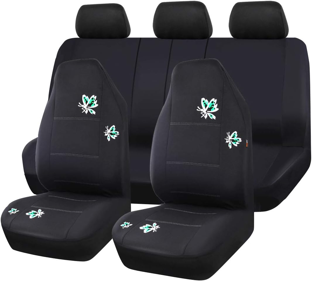CAR-GRAND Pretty Butterfly Universal Fit High Back Full Set Car Seat Covers ,Airbag Compatible,Zipper Design,Fit for suvs,sedans,Vans,Cars(Black with Mint)