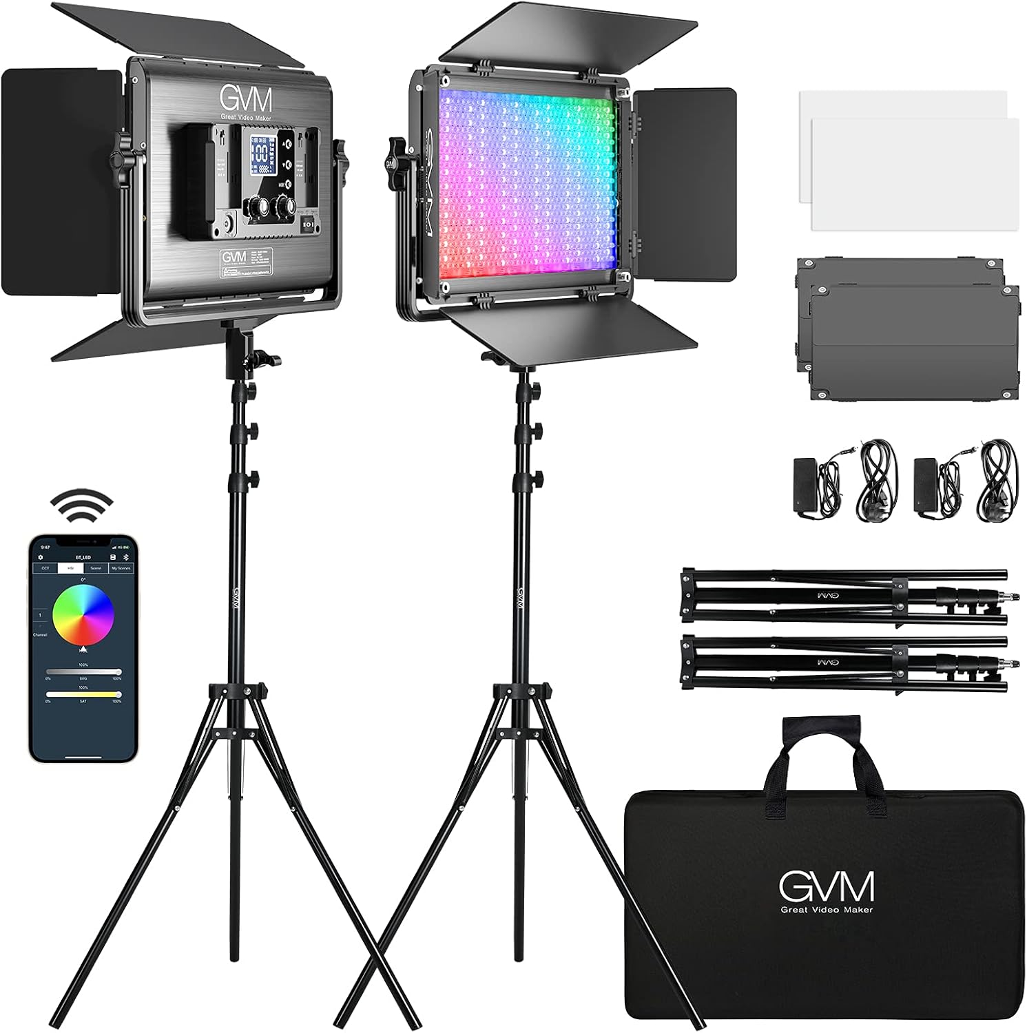 GVM 1300D RGB LED Video Light, 65W Video Lighting Kit with Bluetooth Control, 2 Packs Led Panel Light for YouTube Studio, Video Shooting, Broadcasting, Conference, Aluminum Alloy Shell