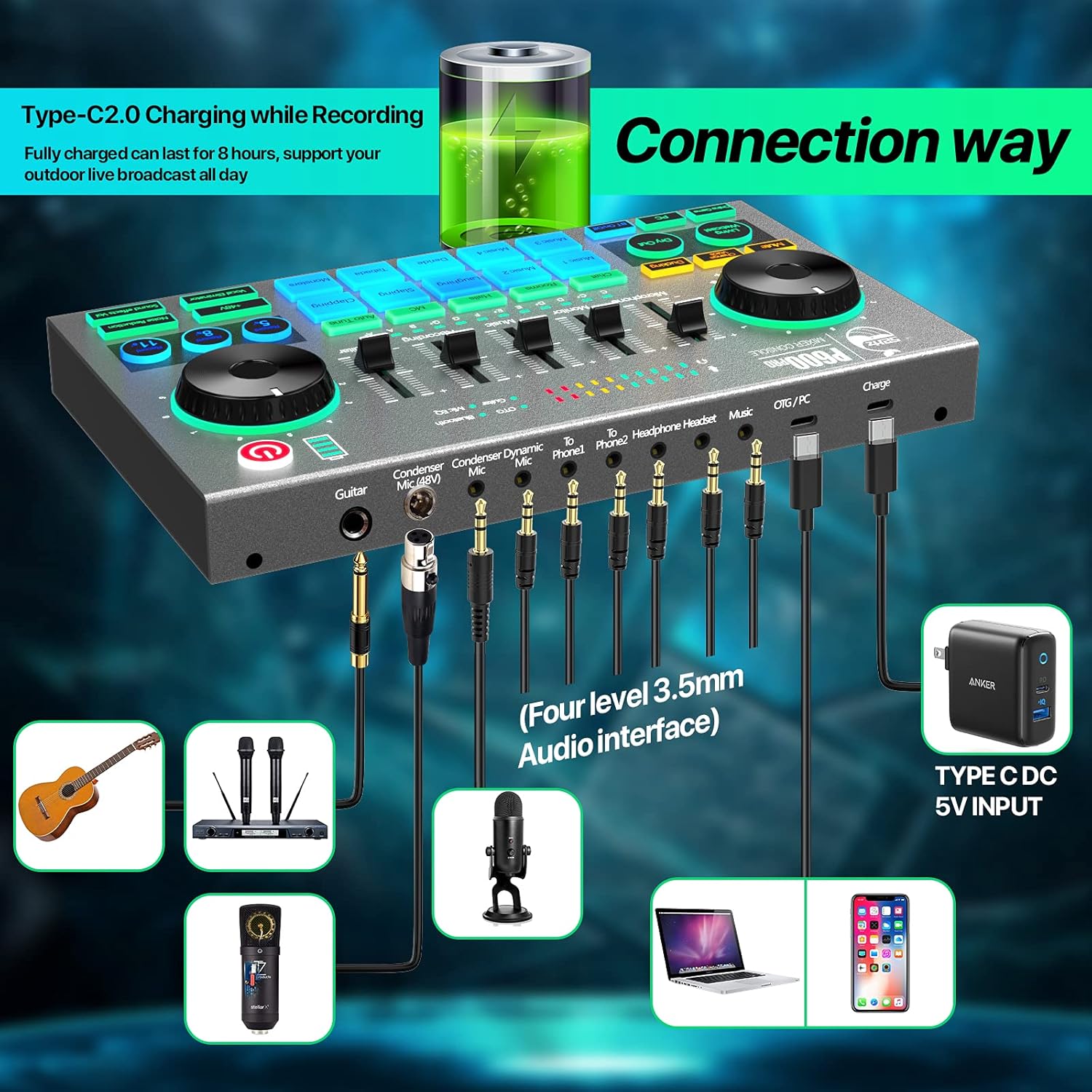 Professional Podcast Audio Mixer, DJ Mixer Sound Card, Full-featured DJ Mixer Controller with BT 5.0 Type C USB Interface for PC, Laptop, Mobile Phone, Live Streaming, Podcast, Chat Room Lobby