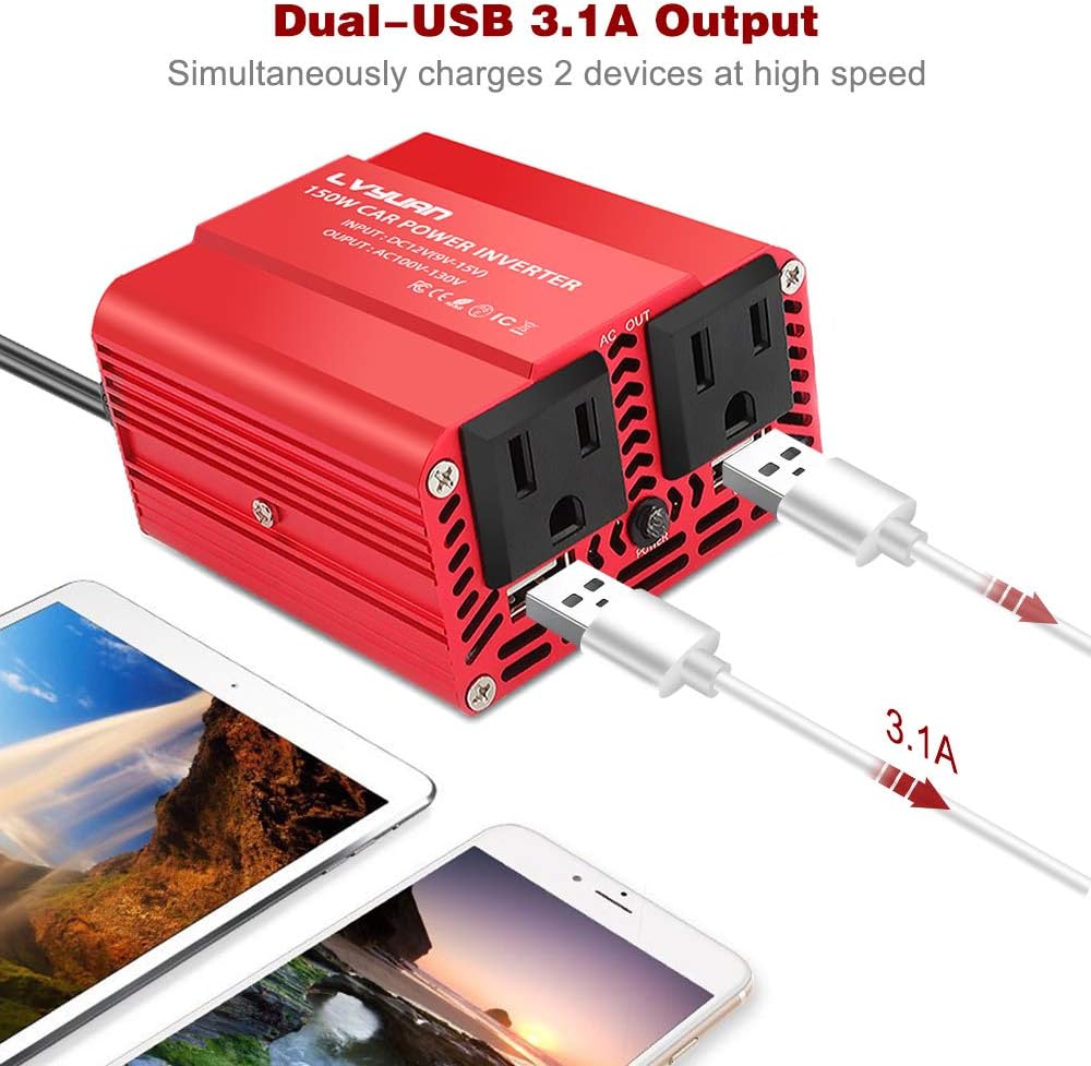 LVYUAN 150W Car Power Inverter 12V to 110V AC Car Charger Adapter with 3.1A Dual USB Car Adapter for Plug Outlet