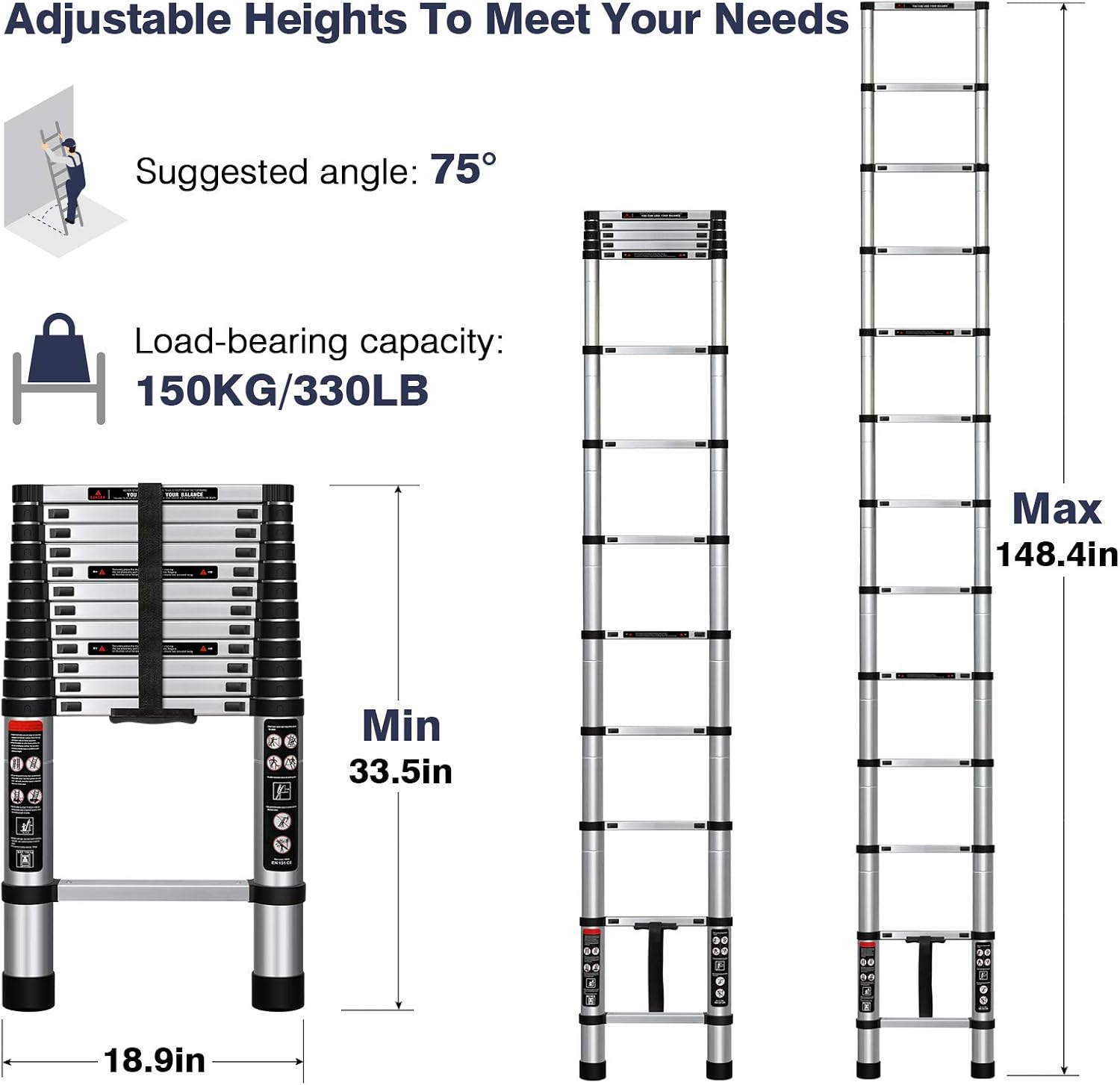 Telescoping Ladder 12.5 FT, Aluminum Collapsible Ladder, Heavy Duty 330lbs Load Capacity Extension Ladder, Multi-Purpose