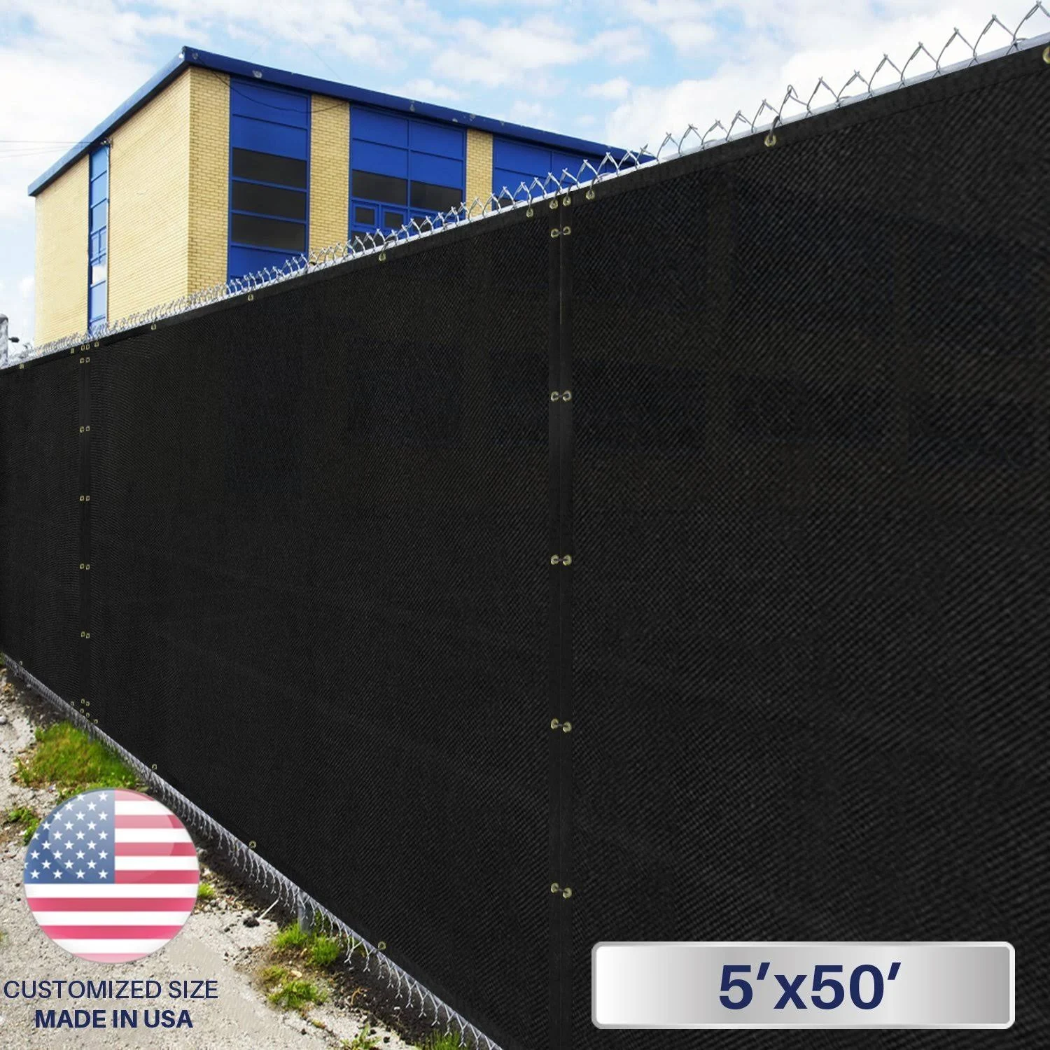 Windscreen4less Heavy Duty Privacy Screen Fence in Color Solid Black 5& x 50& Brass Grommets 150 GSM - Customized