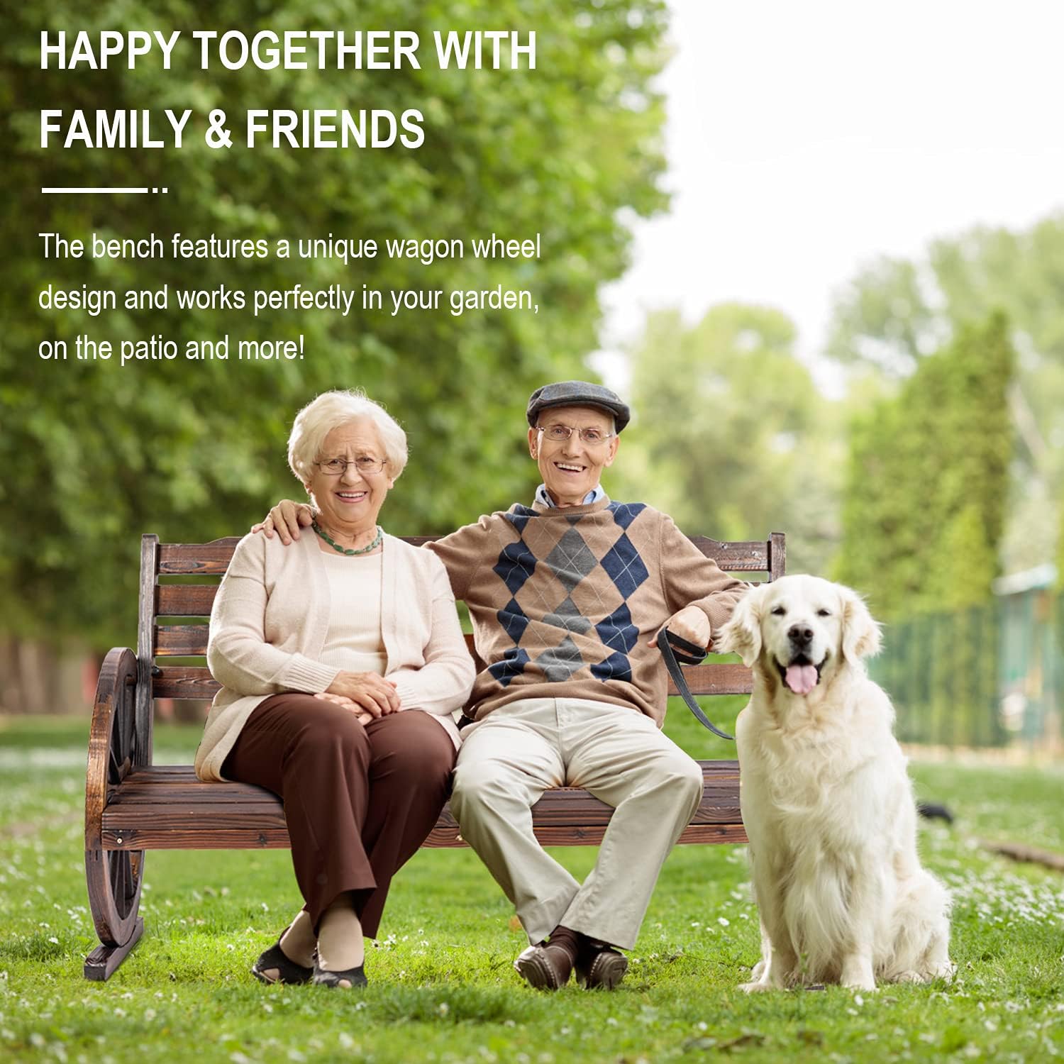 Vagowin Wagon Wheel Bench, Outdoor Bench, Rustic Wooden 2-Person Seat Patio Bench with Backrest for Garden, Porch, Yard