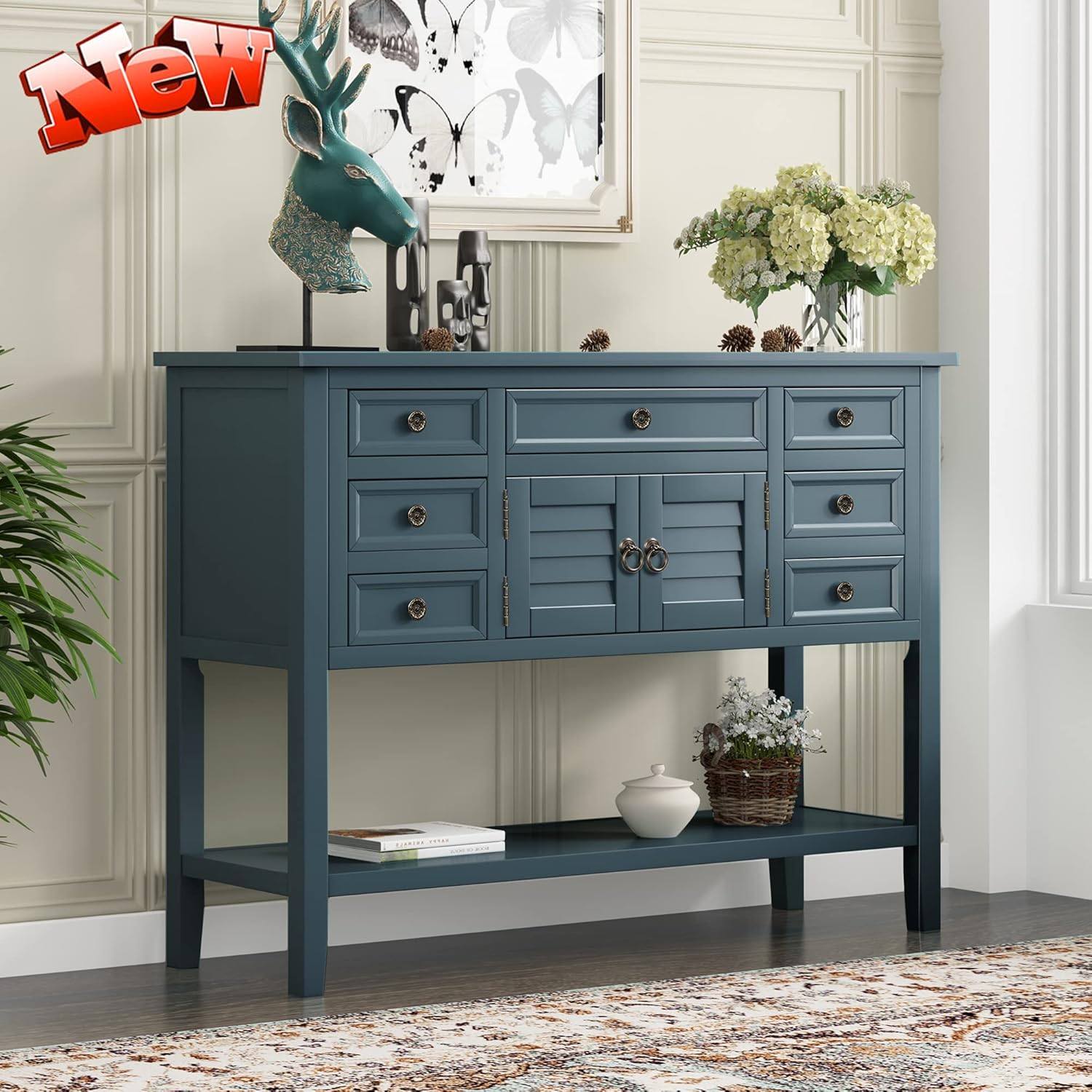 DANGRUUT Elegant Farmhouse Thicken Solid Wood Buffet Sideboard with Door Cabinet, 7 Storage Drawers, Bottom Shelf, 45'' Rustic Accent Console Table Buffet Serving Cabinet for Entryway/Kitchen (Red)