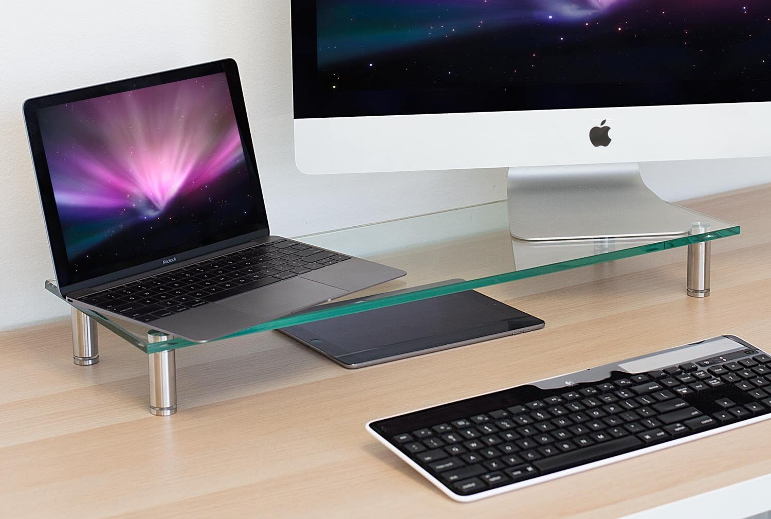 Mount-It! Tempered Glass Computer Monitor Riser - LCD LED TV, Monitor and Laptop Shelf, Extra Wide (27.5 Inch) Ergonomic Flat Screen Display Stand, Desktop Shelf and Organizer, 66 lb Capacity Pack of 2