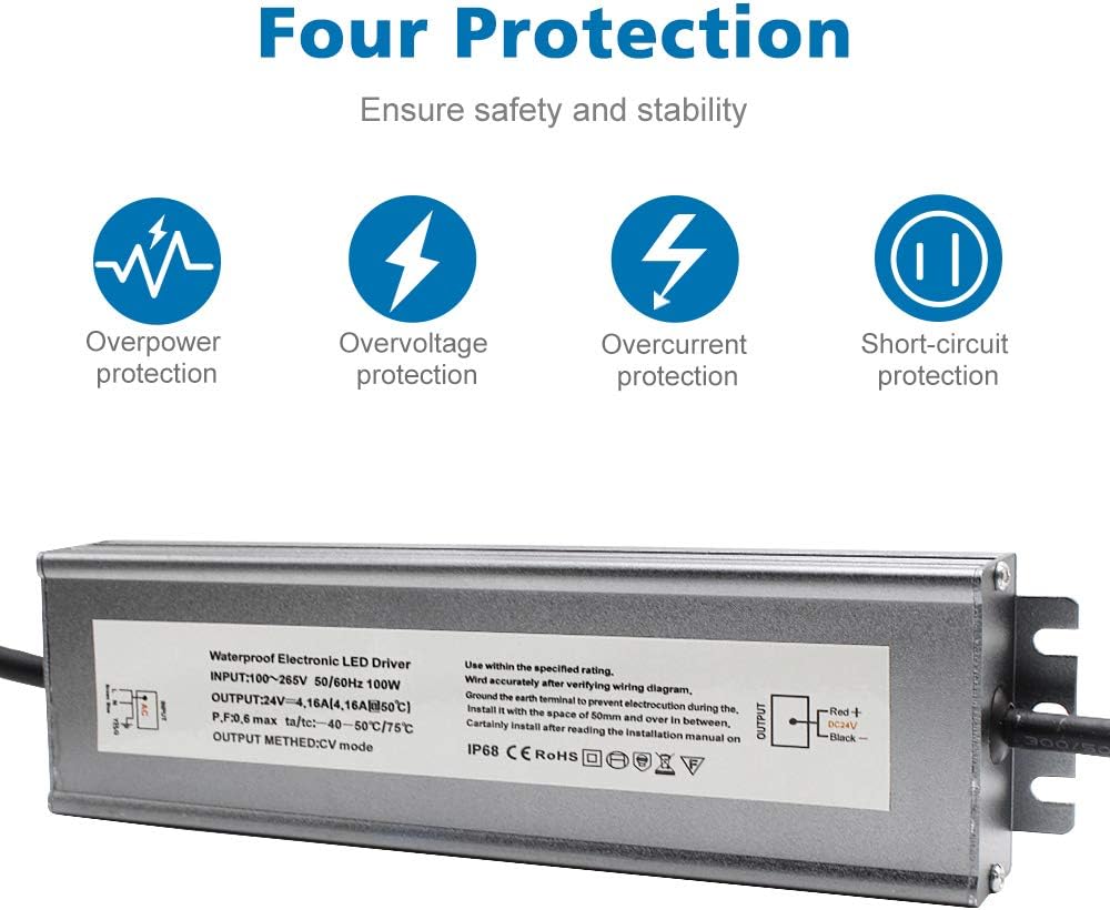 inShareplus 24V 100W LED Power Supply, IP68 Rainproof Waterproof Outdoor Driver,AC 100-260V to DC 24V 4.16A Low Voltage Transformer, Adapter Converter for LED Light, Computer Project, Outdoor Use