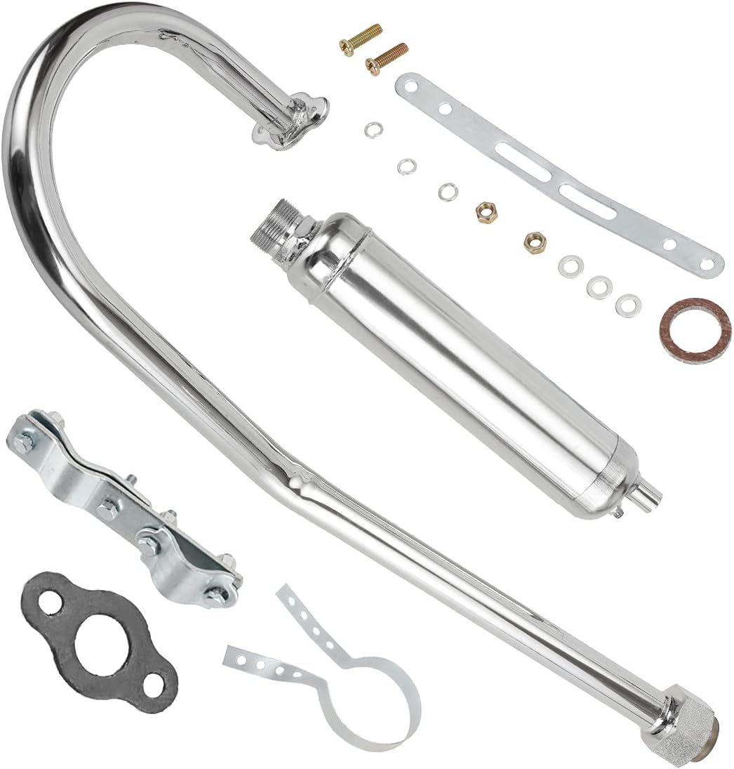 FVRITO Long Exhaust Muffler Pipe Silencer Gasket for 2 Stroke 49cc 66cc 80cc Engine Gas Motorized Bicycle Motor Bike Silver Pack of 2