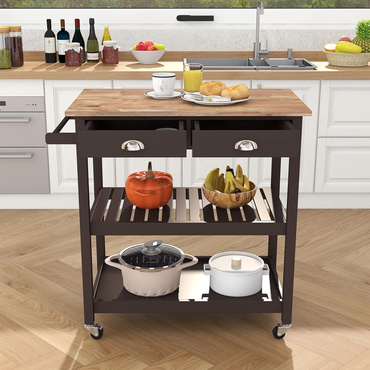 ChooChoo Rolling Kitchen Cart, Portable Kitchen Island Wood Top Kitchen Trolley with Drawers and Two-Tier Open Shelf, Towel Rack, White