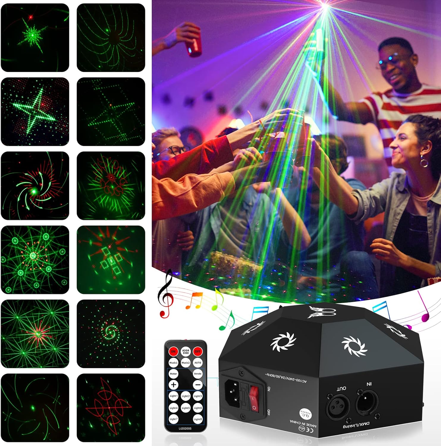 8 Lens Party Lights Dj Disco Lights, Stage Light Sound Activated Multiple Patterns Projector by Remote & DMX 11 CH, Dj Light for Dancing Live Show Christmas