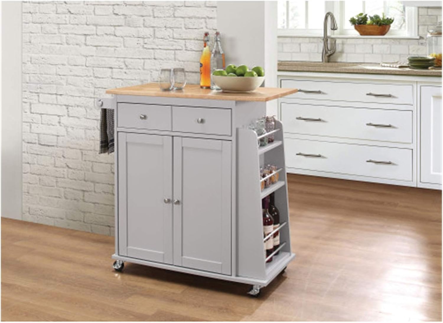 LQIAN Kitchen Island Kitchen Trolley Kitchen Practical Storage Rack Dining Cart Trolley, Kitchen Island Cart, Natural & Gray Rolling Kitchen