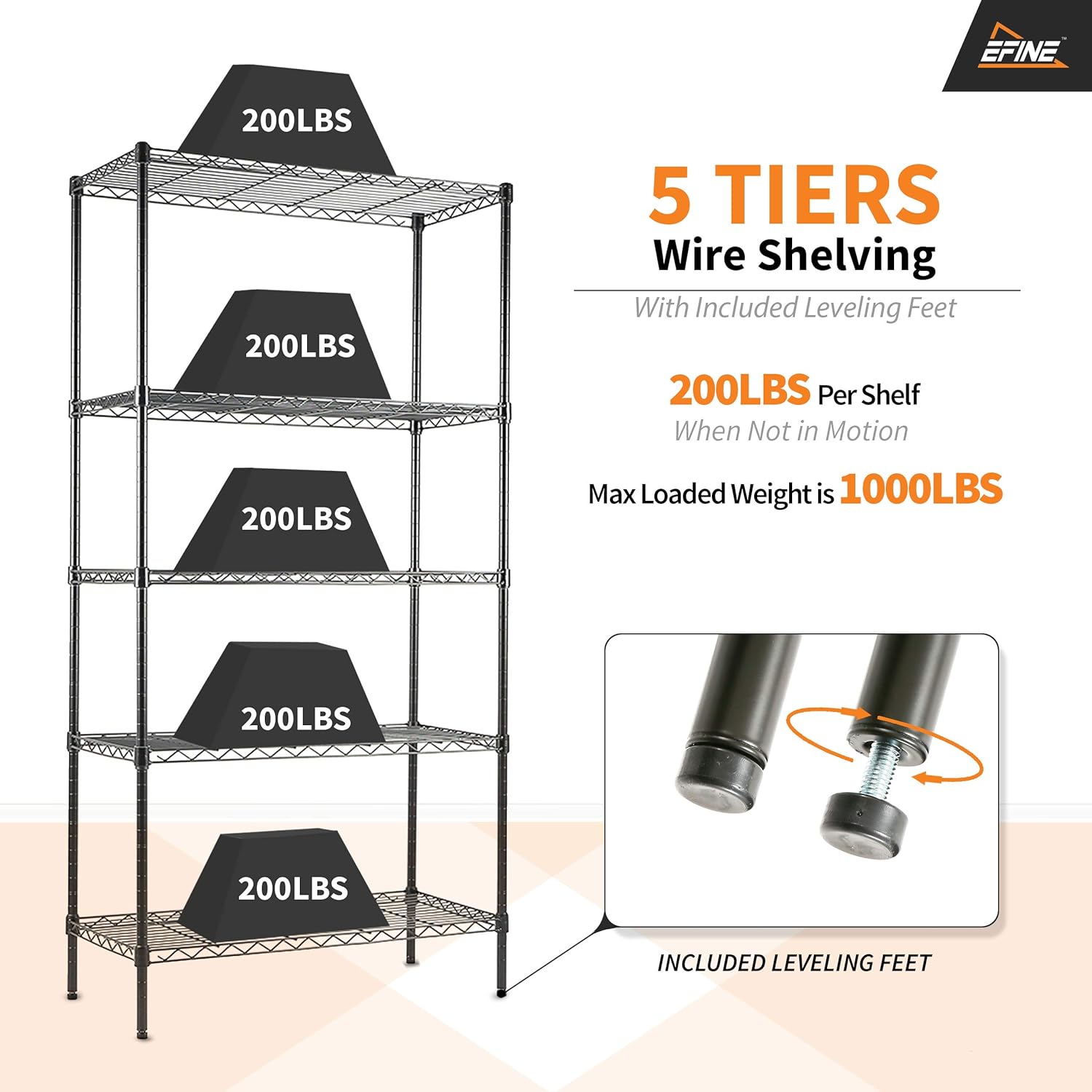 EFINE USA 5-Shelf Shelving Unit, Adjustable, Heavy Duty Carbon Steel Wire Shelves, 150lbs Loading Capacity Per Shelf, Shelving Units and Storage for Kitchen and Garage (30W x 14D x 60H) Black