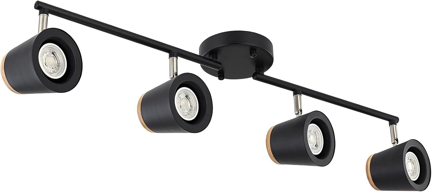 White 4-Light Track Lighting Kit, Flexibly Rotable Light Heads, GU10 Bulb with Metal and Wood Shade for Kitchen, Living Room, Bedroom, Bulb Not Included