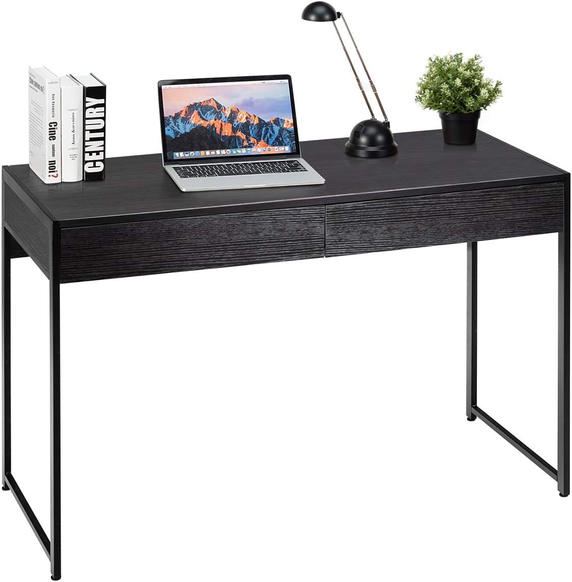 Tangkula Computer Desk with 2 Drawers, Simple Wooden Study Writing Desk with Steel Frame, 44 Inches Laptop PC Workstation, Student Desk Home Office Desk Ideal for Bedroom & Office (Black)