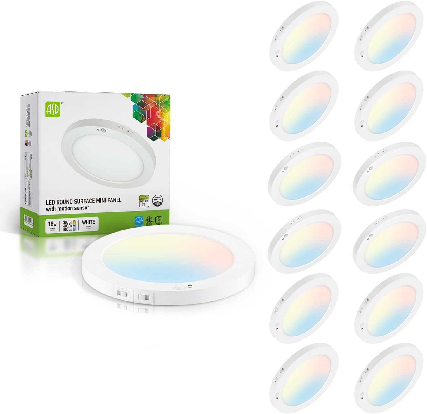 ASD (12 Pack) 9 Inch Flush Mount LED Ceiling Light Fixture, Dimmable Surface Mount Round LED Panel, 18W=100W Equivalent, 1260 Lm, 5000K (Daylight), ETL Listed Energy Star Certified