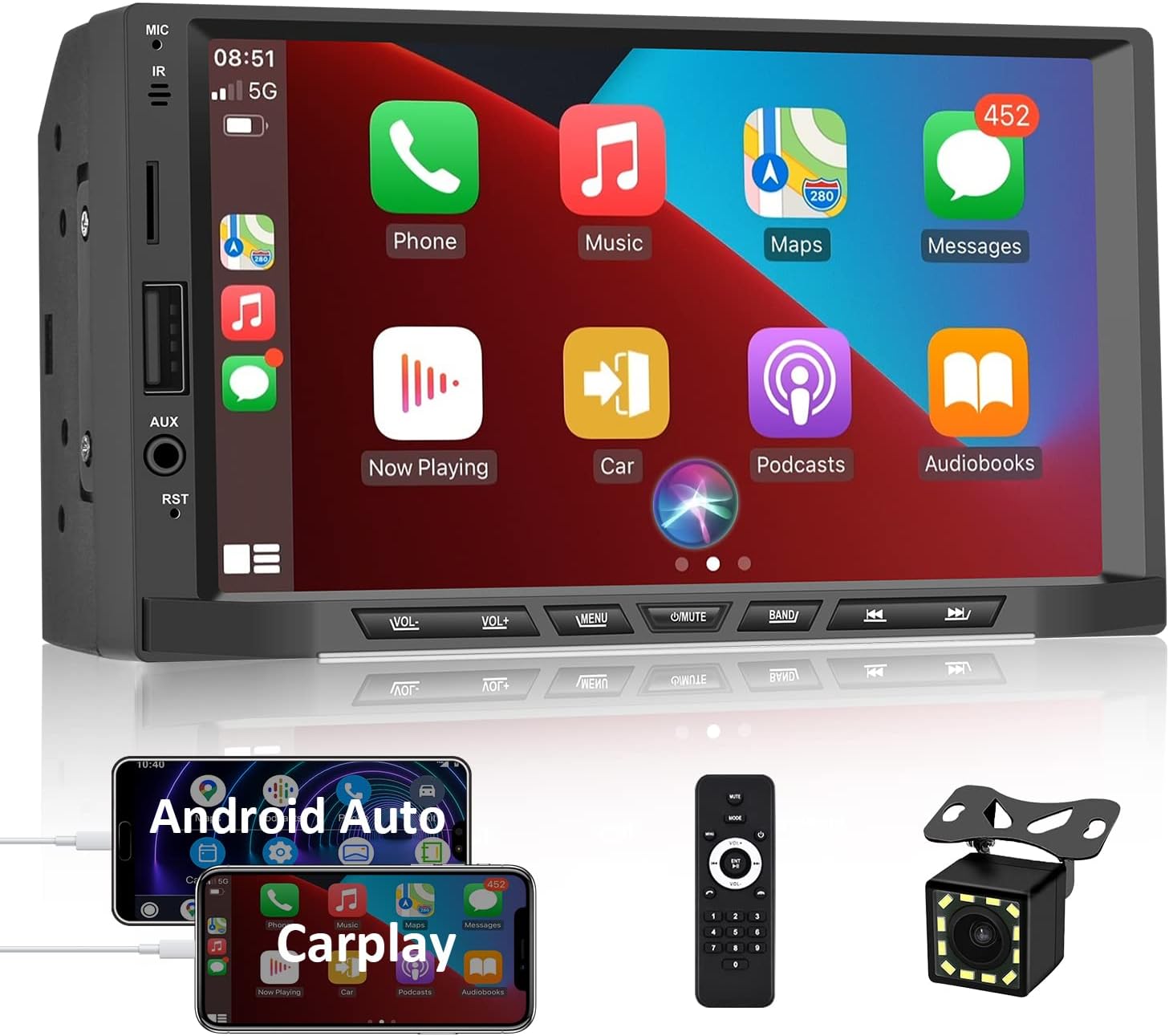 UNITOPSCI Car Stereo with Carplay Android Auto Double Din 7 Inch HD Touch Screen Car Multimedia Player with Bluetooth FM Radio Mirror Link USB Carplay Stereo Carplay Radio with Backup Camera SWC