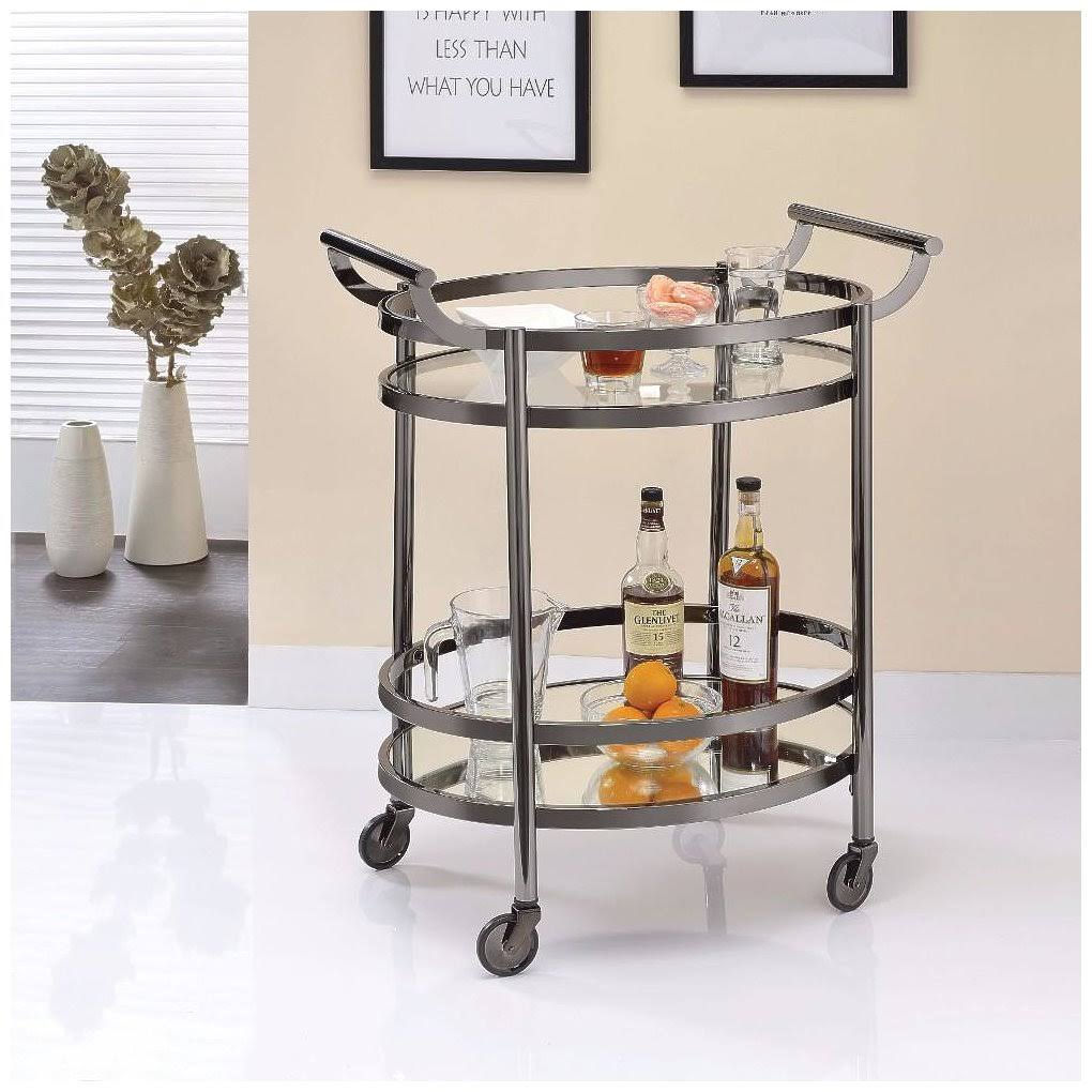 Benzara - Oval Metal Serving Cart, Clear Glass u0026 Black Nickel