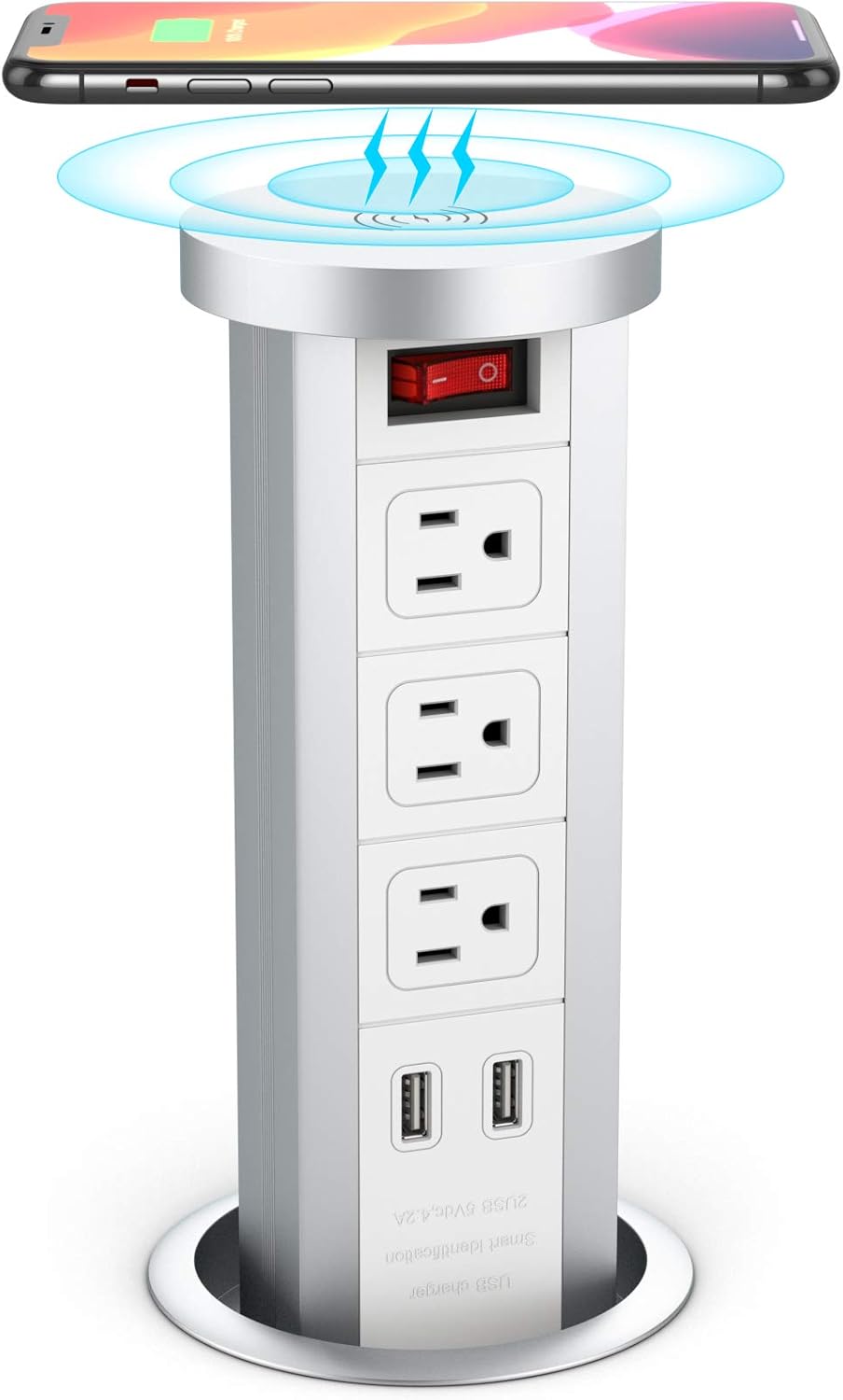 BTU Pop Up Outlet, Surge Protector Power Strip with USB, Retractable Recessed Power Strip 3 AC Outlets, 2 USB Ports 2.4A Fast Charge, 10W Wireless Charger, Pop Out Outlets for Kitchen Counter Island