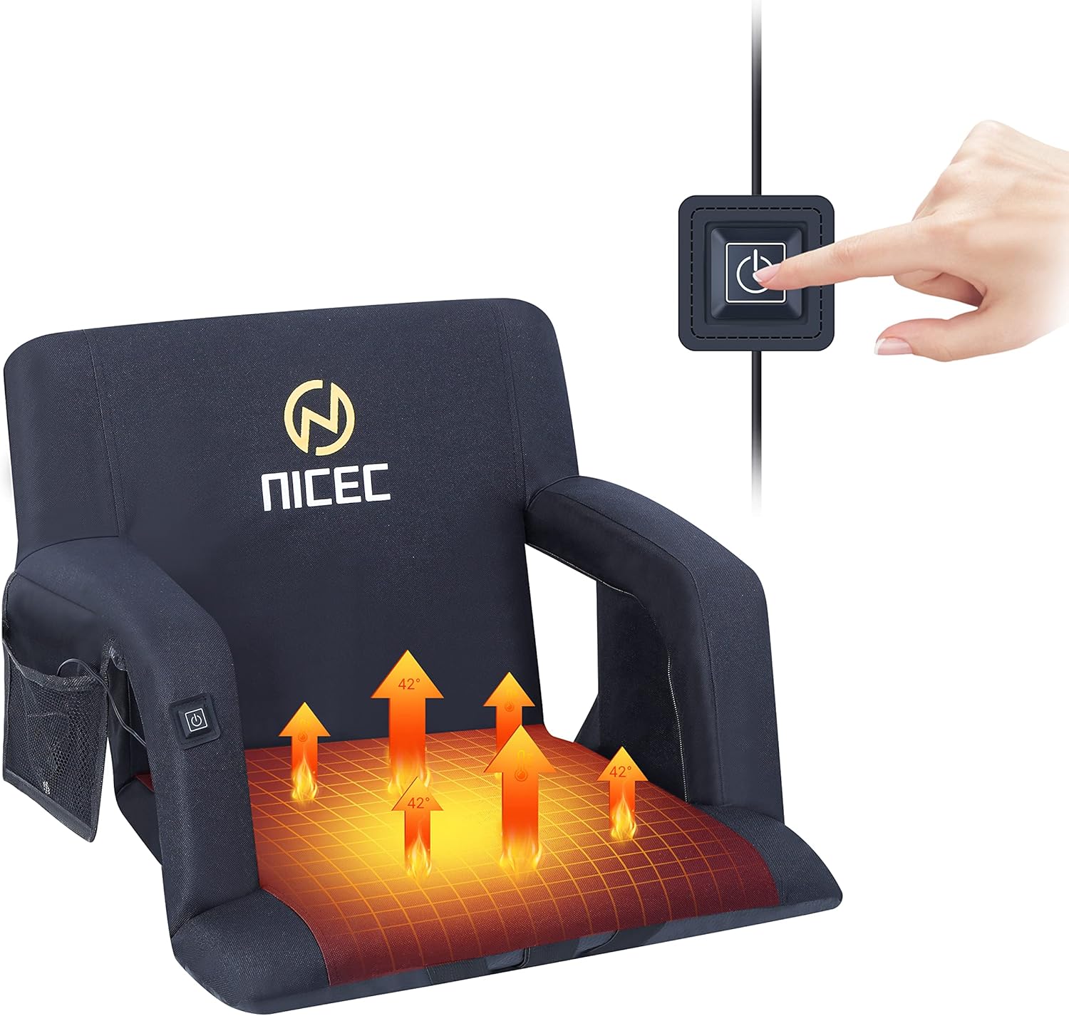 Nice C Heated Stadium Seats, Bleacher Chairs, 5 Reclining Positions Waterproof Cushion, Foldable, Extra Thick Padding, with Shoulder Straps & Net Pockets, NO Power Bank